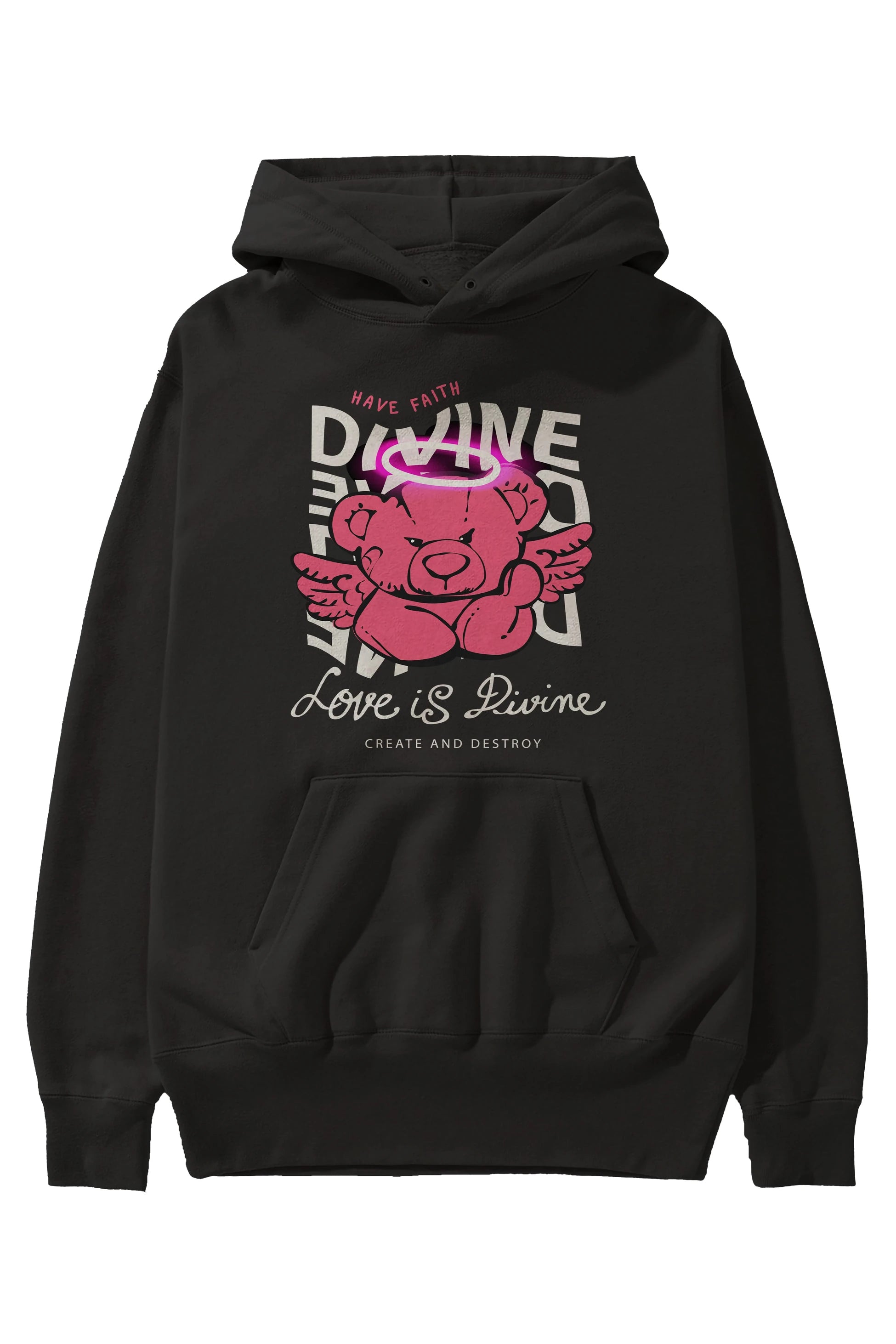 Love is Divine Bear Ön Baskılı Hoodie Oversize Kapüşonlu Sweatshirt Erkek Kadın Unisex