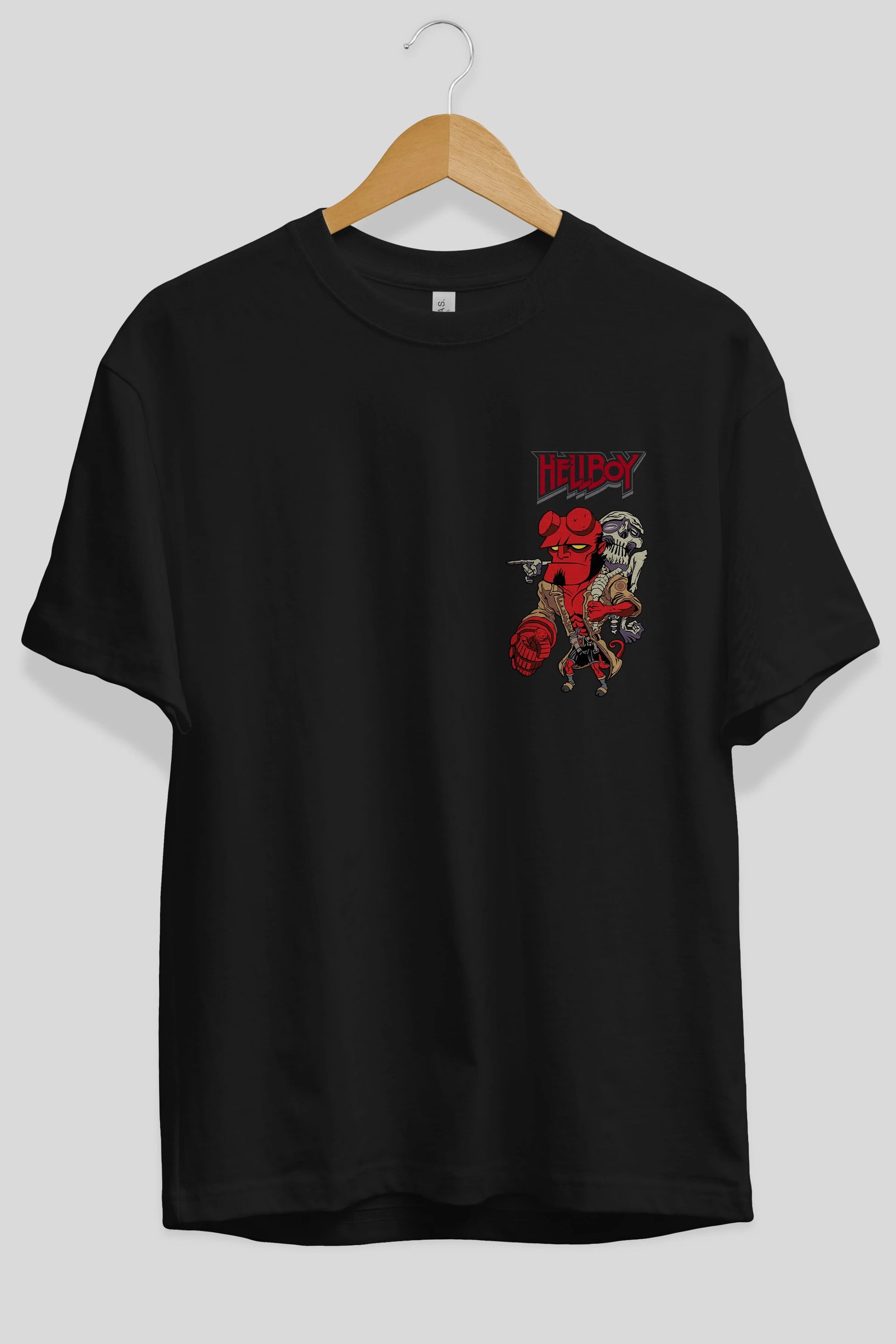 Hellboy (2) Ön Sol Baskılı Oversize t-shirt Erkek Kadın Unisex %100 Pamuk Bisiklet Yaka tişort
