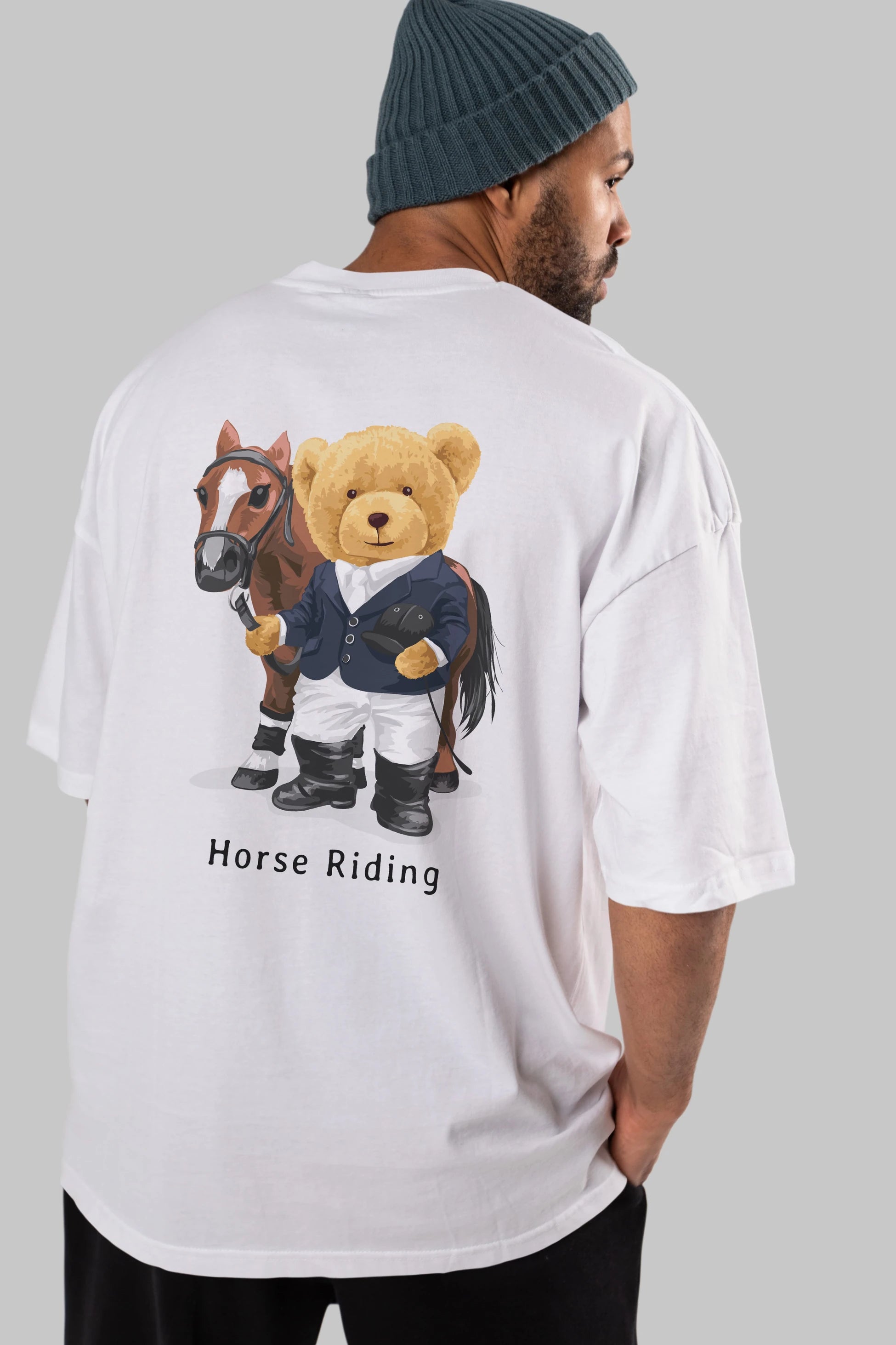 Teddy Bear Horse Riding Arka Baskılı Oversize t-shirt Erkek Kadın Unisex %100 Pamuk