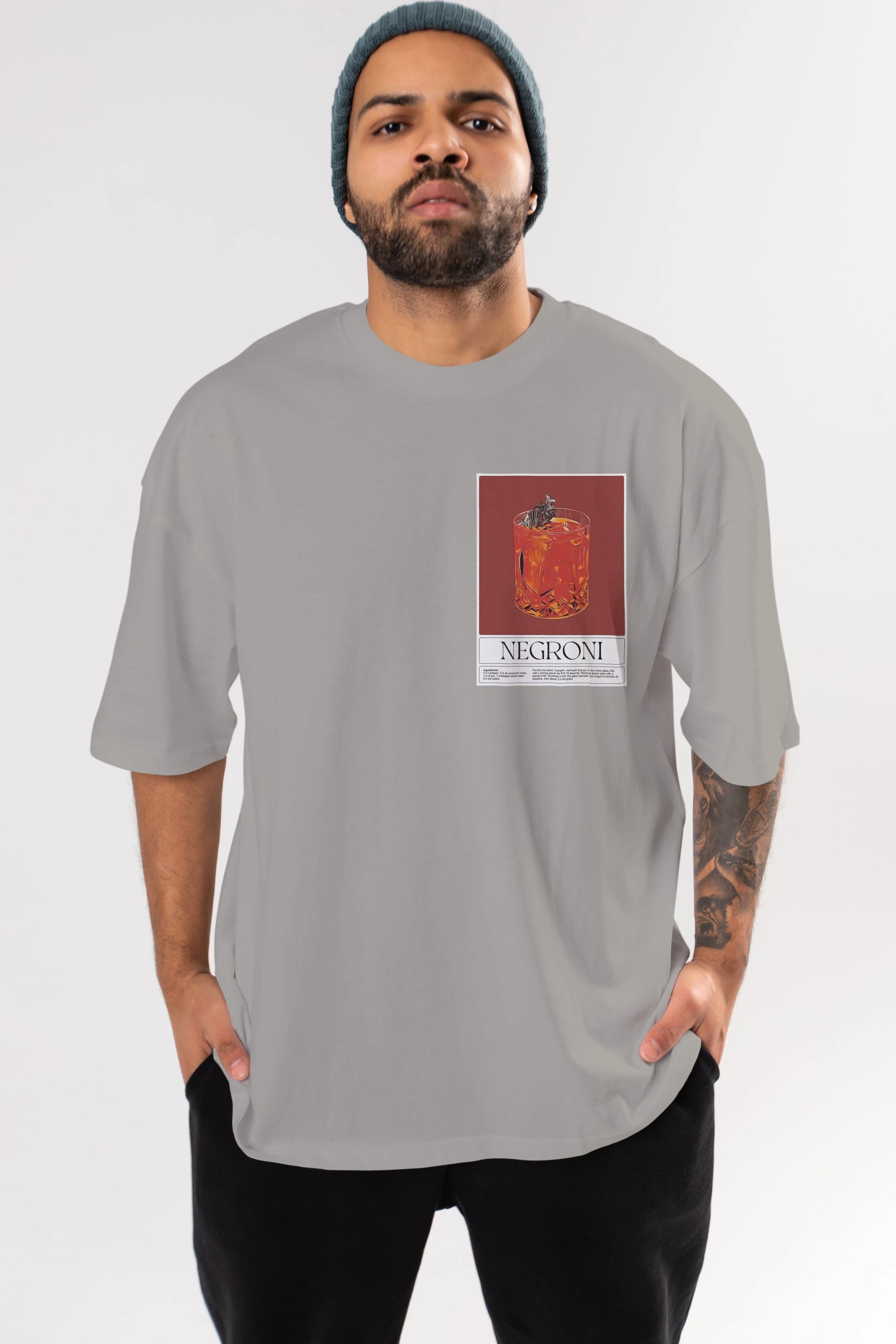 Negroni 2 Ön Sol Baskılı Oversize t-shirt Erkek Kadın Unisex %100 Pamuk Bisiklet Yaka tişort