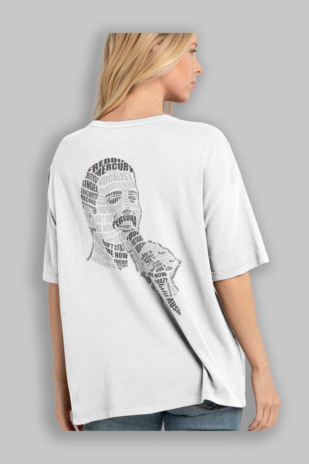 Freddy Mercuri Calligram Arka Baskılı Oversize t-shirt %100 pamuk Erkek Kadın Unisex