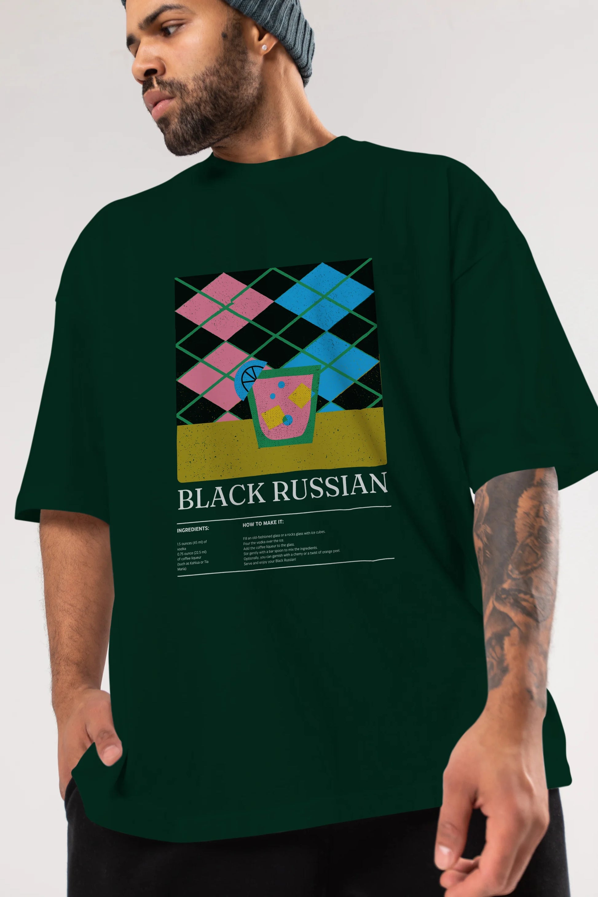 Black Russian Kokteyl Ön Baskılı Oversize t-shirt Erkek Kadın %100 Pamuk Bisiklet Yaka tişort