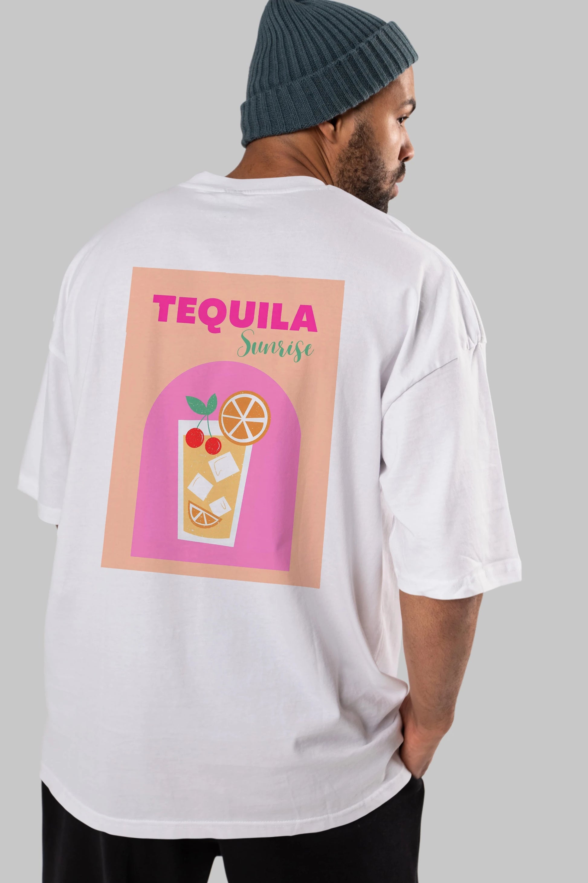 Tequila Sunrise 2 Arka Baskılı Oversize t-shirt Erkek Kadın Unisex %100 Pamuk Bisiklet Yaka tişort