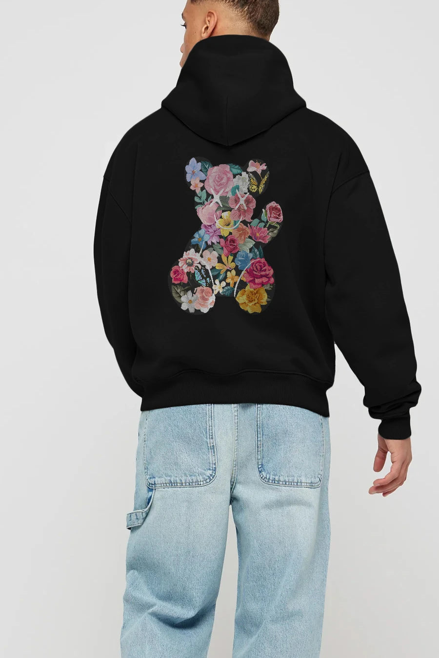 Flowers Bear Arka Baskılı Hoodie Oversize Kapüşonlu Sweatshirt Erkek Kadın Unisex