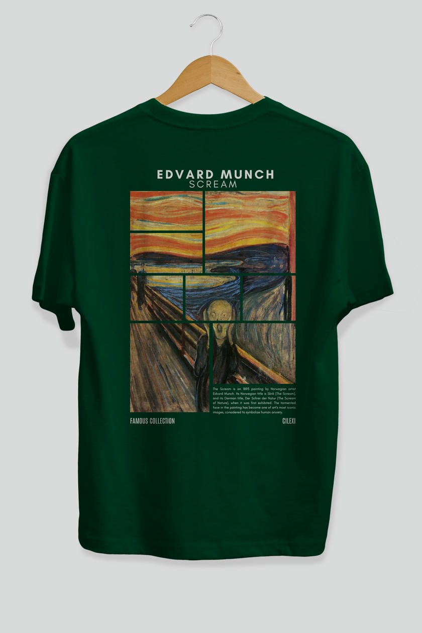 Edvard Munch Scream Arka Baskılı Oversize t-shirt Erkek Kadın Bisiklet Yaka Pamuk tişort