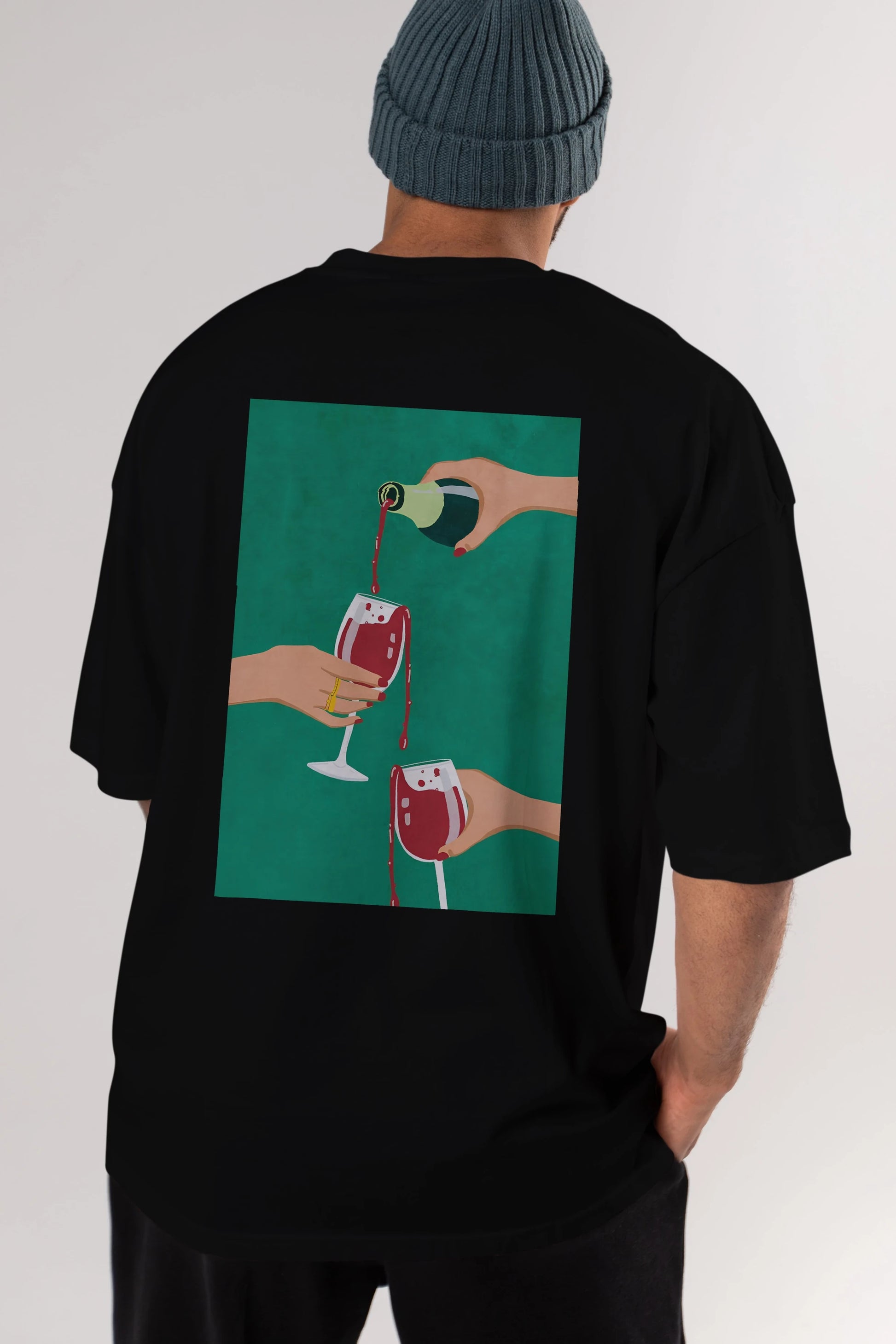Wine 2 Arka Baskılı Oversize t-shirt Erkek Kadın Unisex %100 Pamuk Bisiklet Yaka tişort