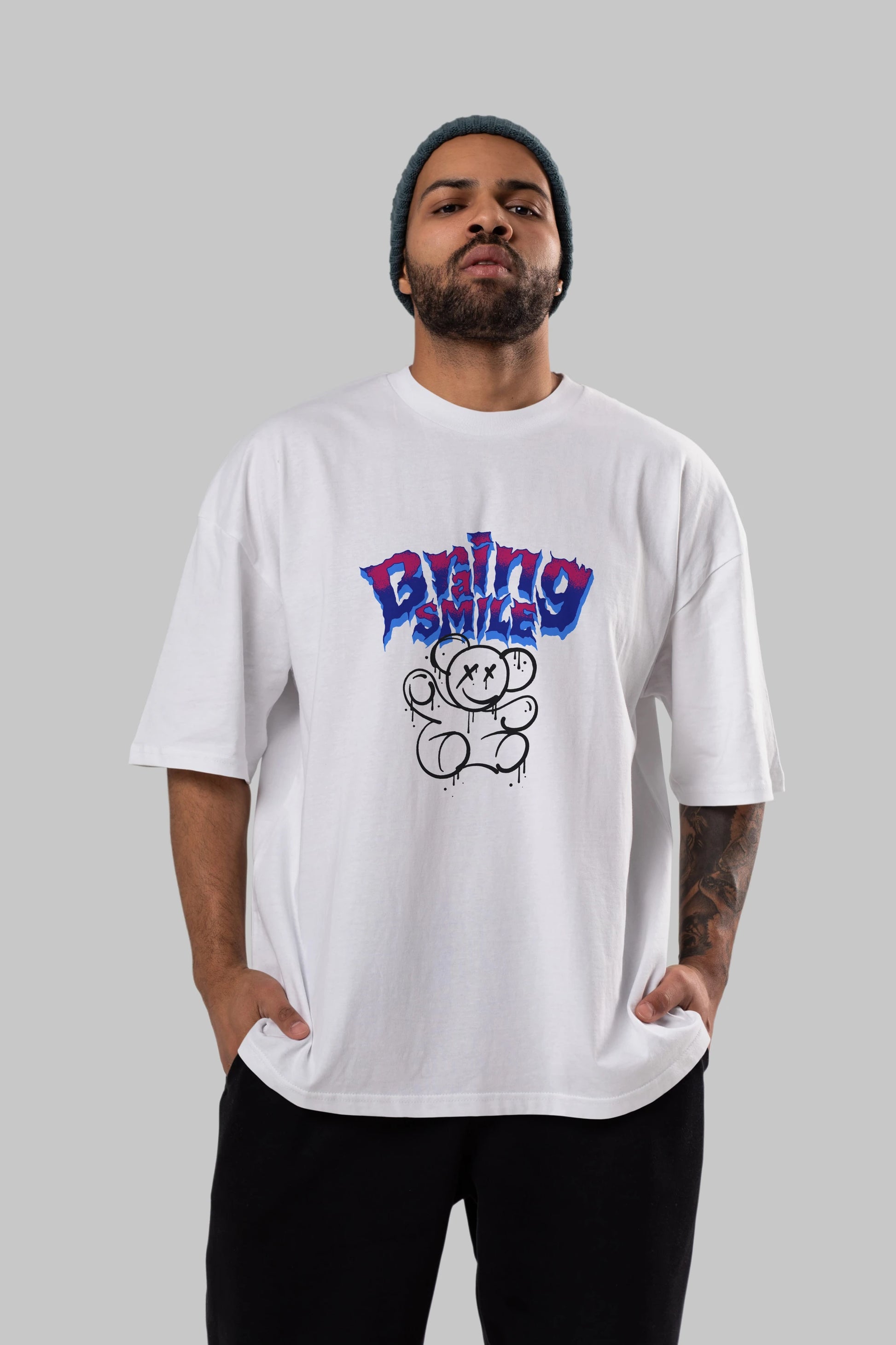 Teddy Bear Braing Smile Ön Baskılı Oversize t-shirt Erkek Kadın Unisex