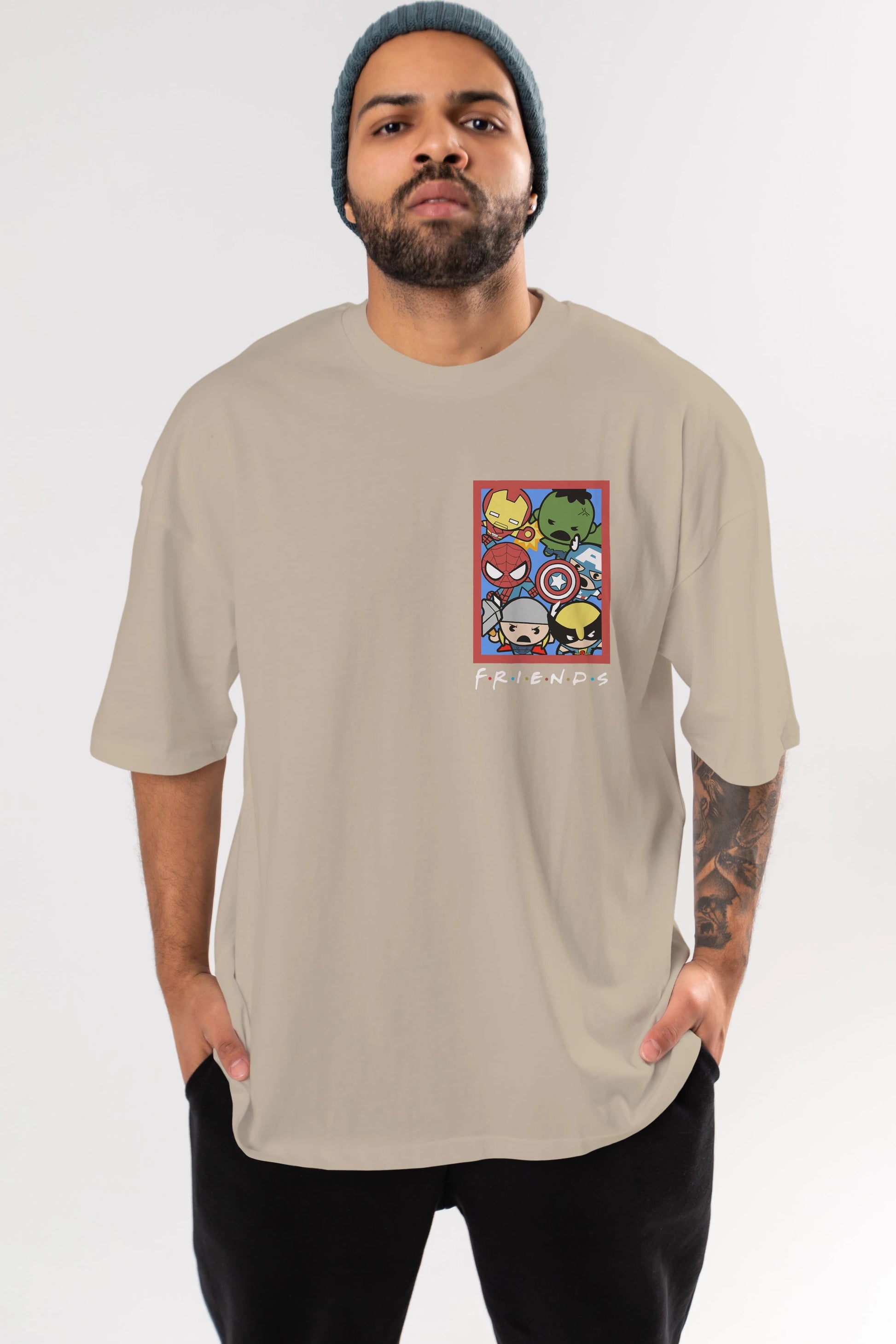 Friends Avenger Ön Sol Baskılı Oversize t-shirt Erkek Kadın Unisex %100 Pamuk Bisiklet Yaka tişort