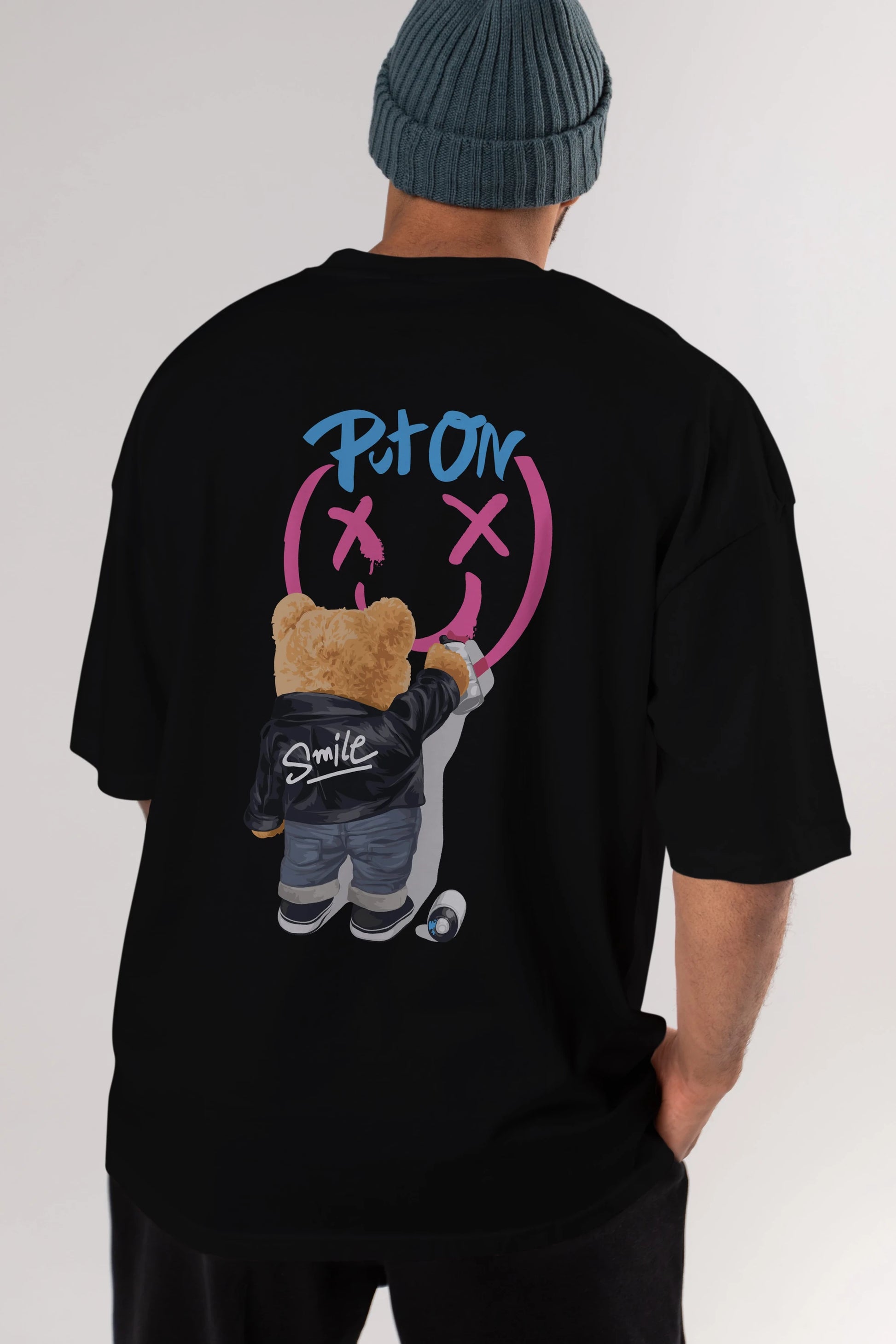 Put on Smile Bear Arka Baskılı Oversize t-shirt Erkek Kadın Unisex