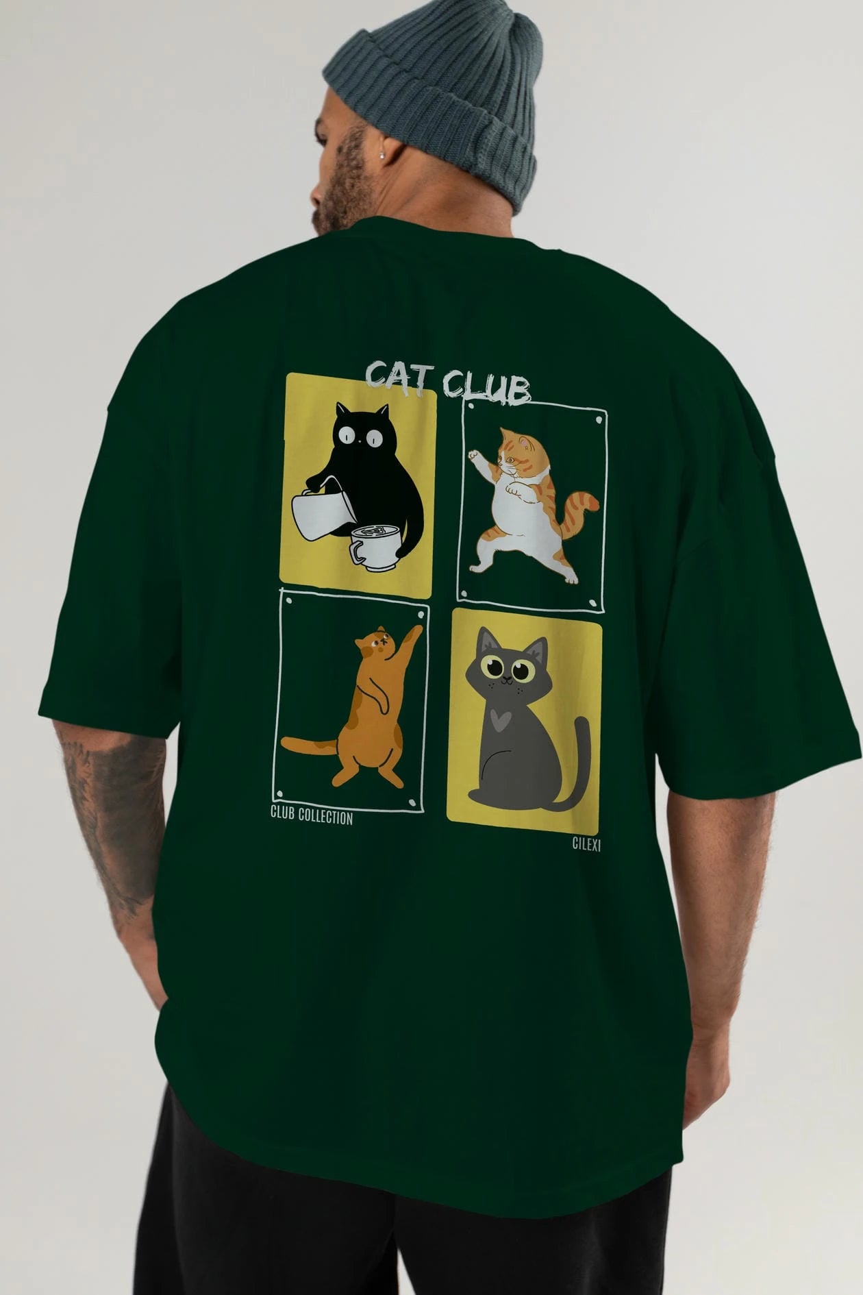 Cat Club Arka Baskılı Oversize t-shirt Erkek Kadın %100 Pamuk Bisiklet Yaka tişort