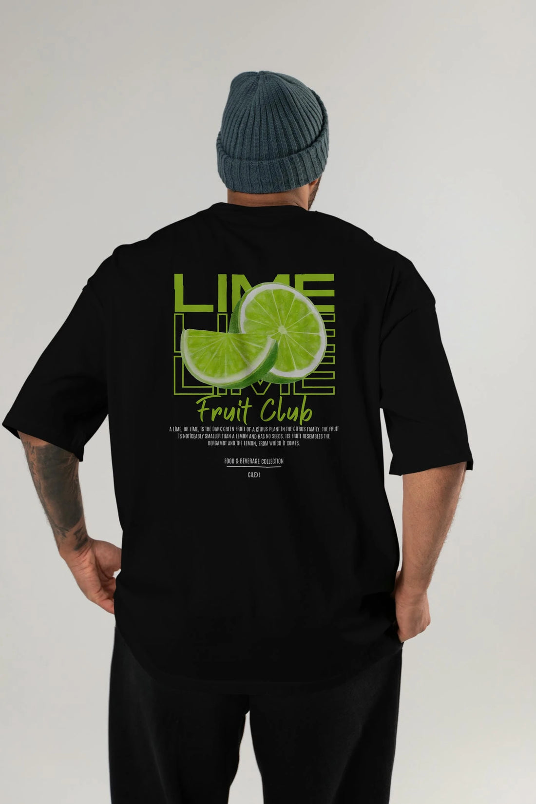 Lime Arka Baskılı Oversize t-shirt Erkek Kadın Pamuk Bisiklet Yaka tişort