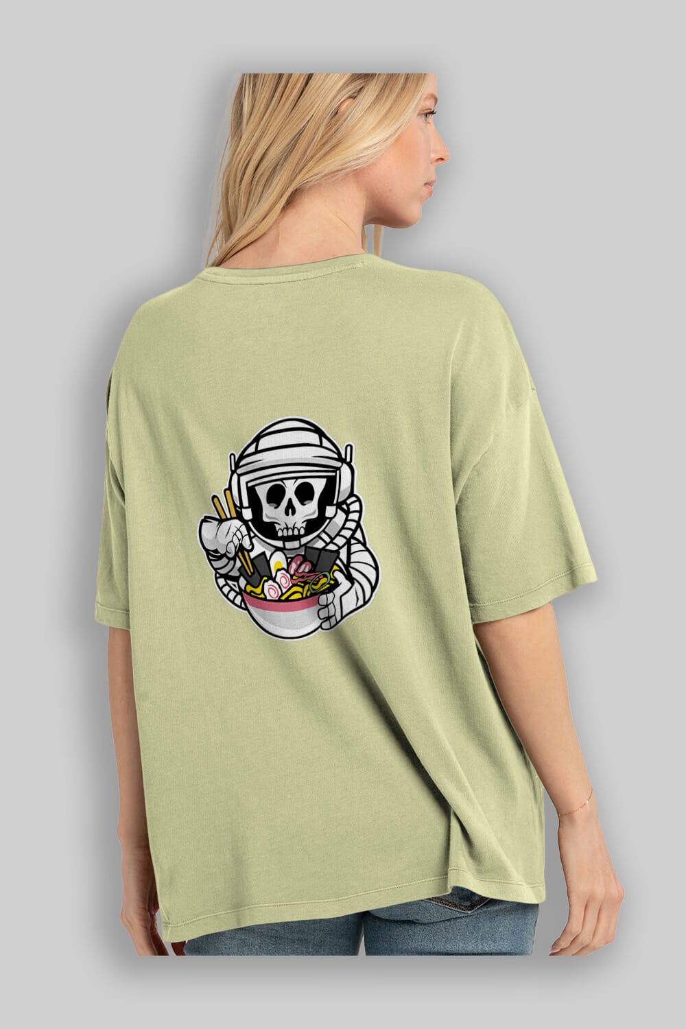 Astronaut Ramen Arka Baskılı Oversize t-shirt Erkek Kadın Unisex %100 Pamuk tişort