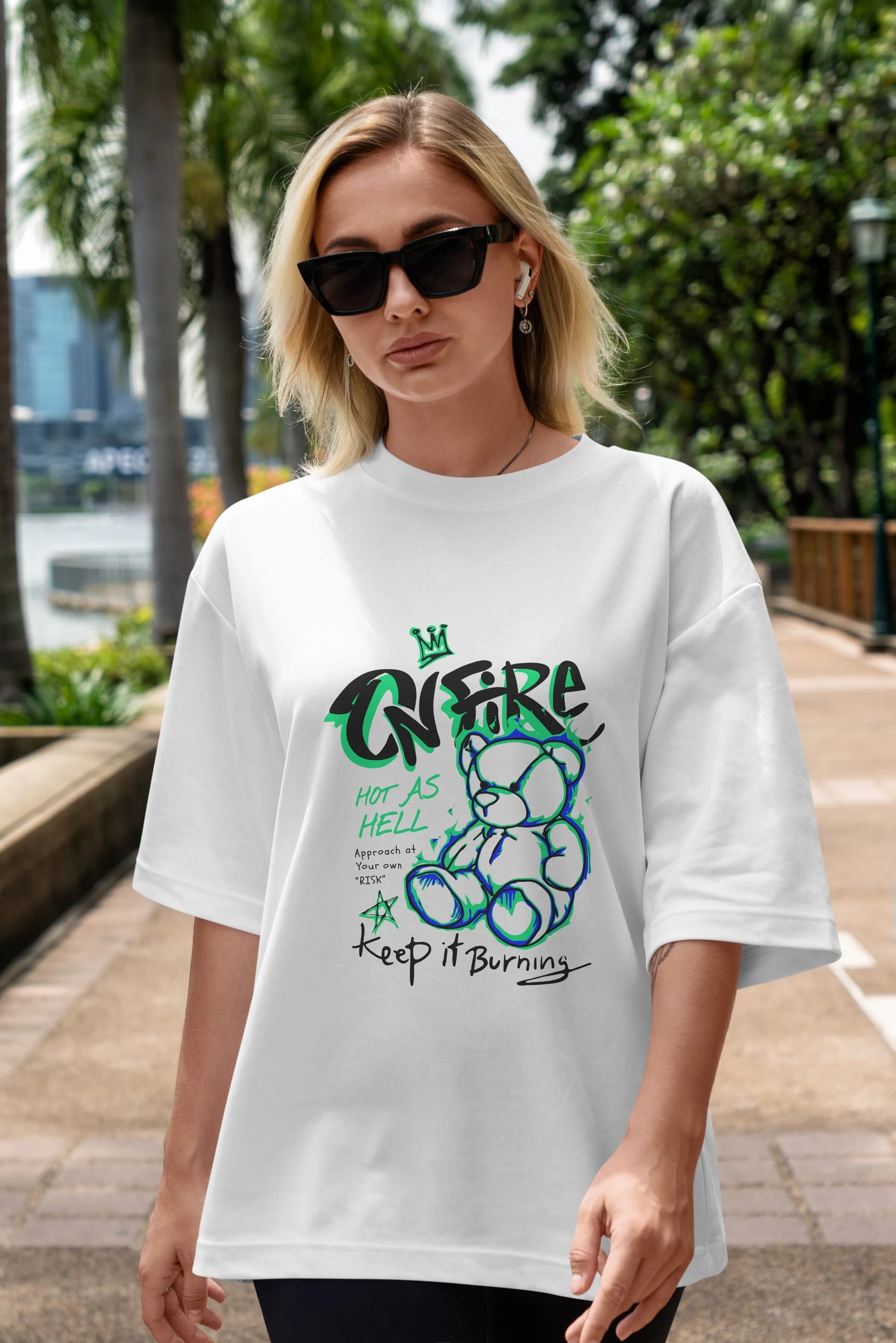 On Fire Bear Ön Baskılı Oversize t-shirt Erkek Kadın Unisex