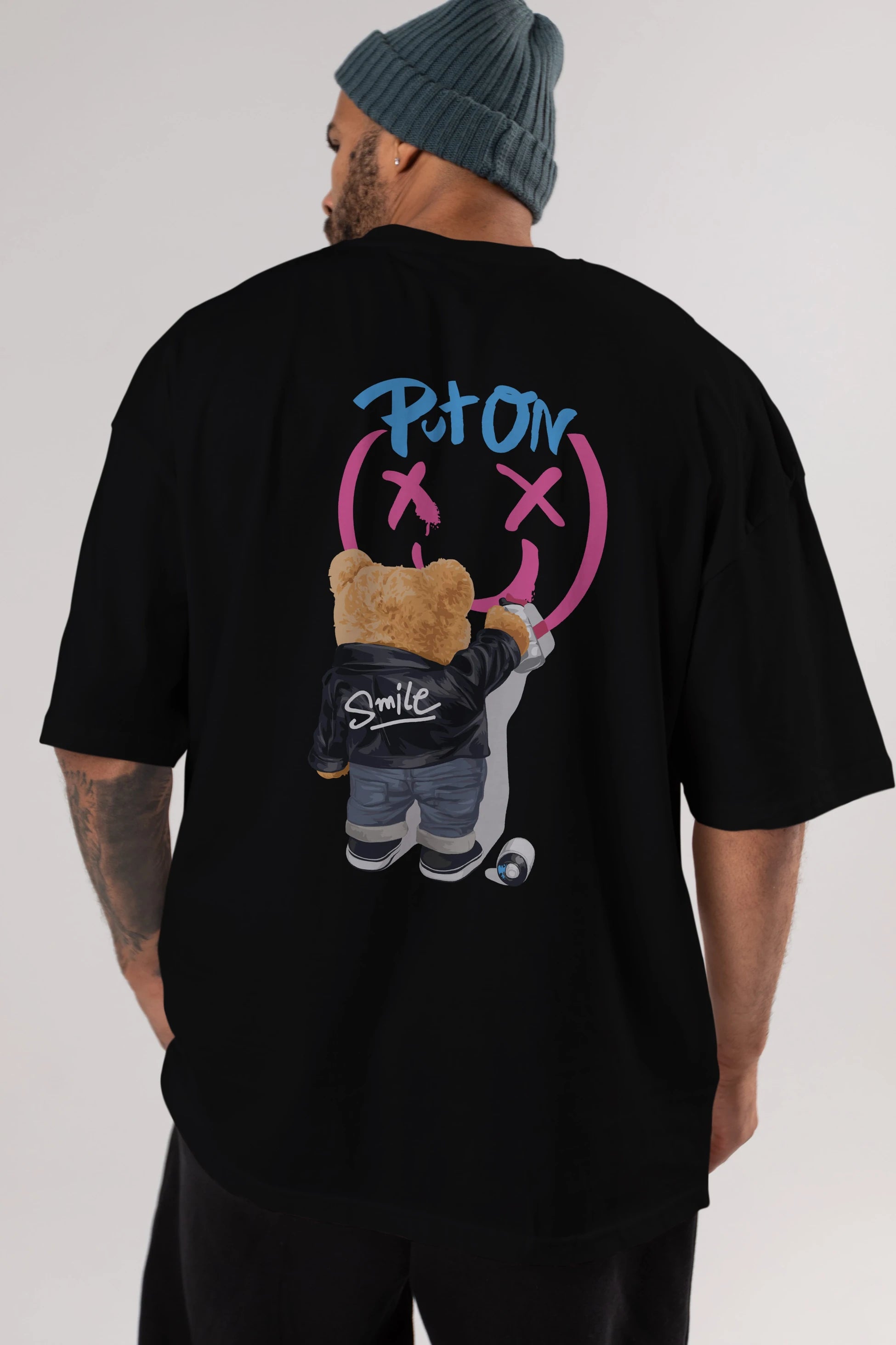 Put on Smile Bear Arka Baskılı Oversize t-shirt Erkek Kadın Unisex
