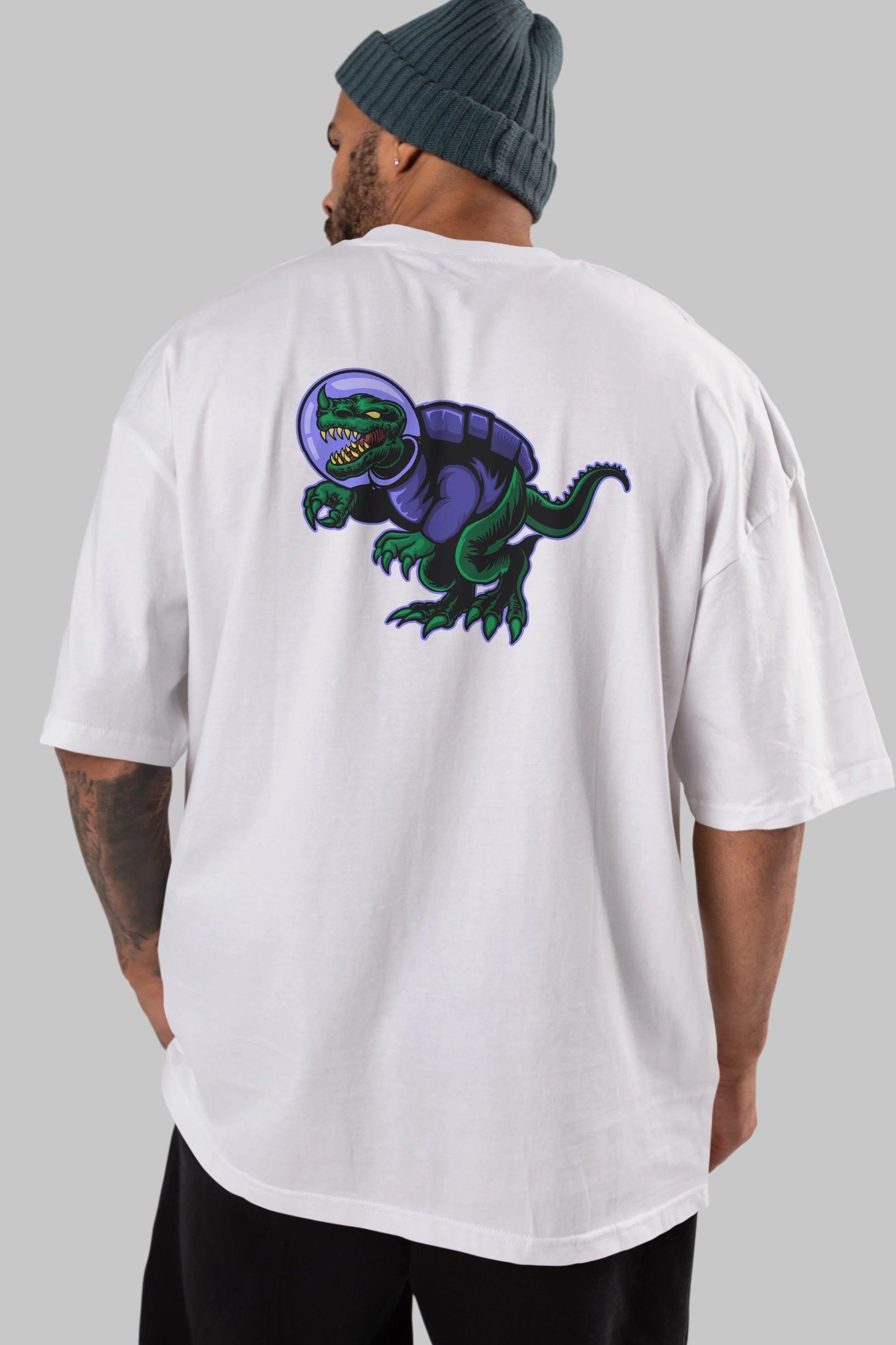 Space Dino Arka Baskılı Oversize t-shirt Erkek Kadın Unisex