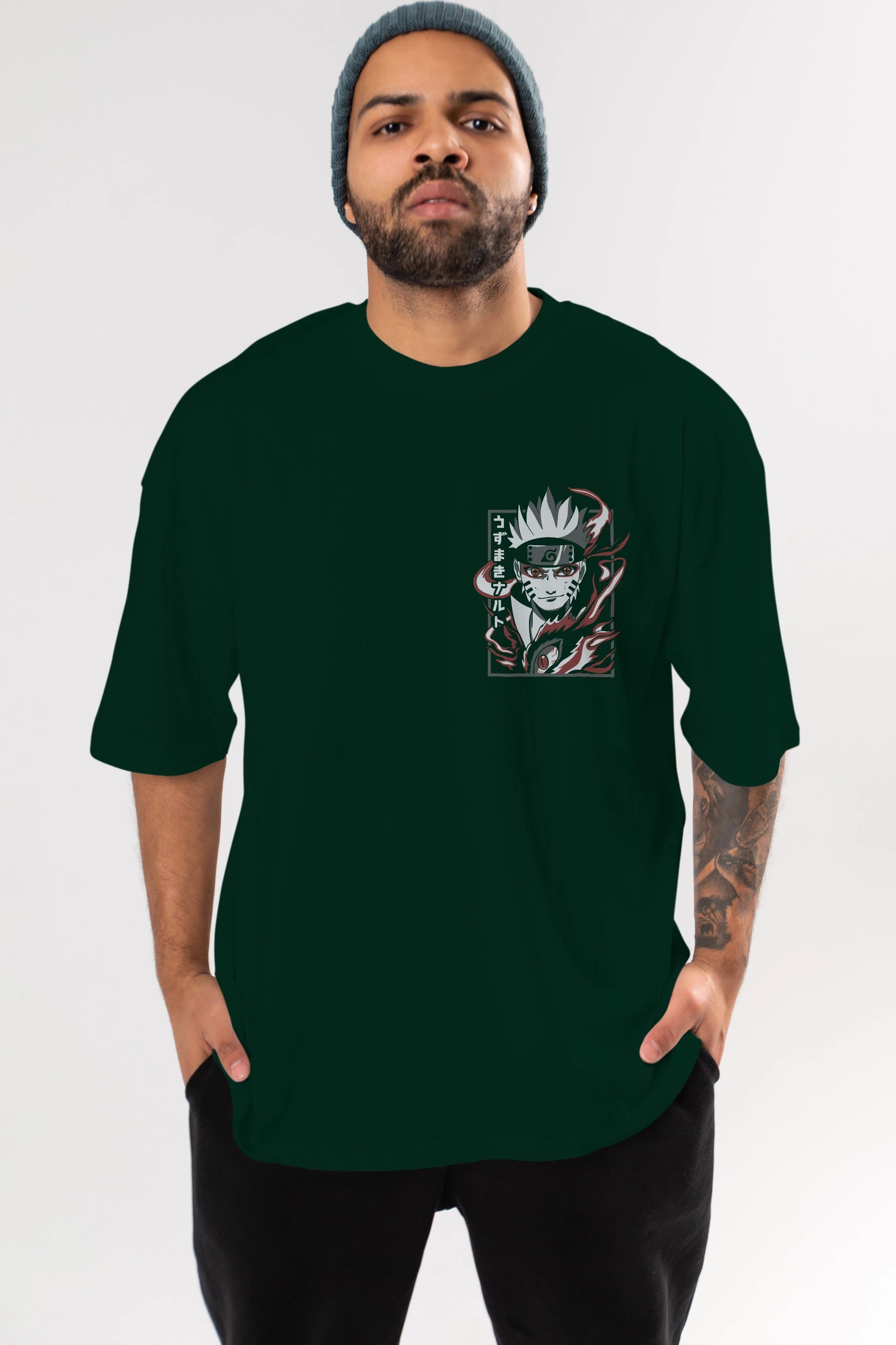 NarutoMod Ön Sol Baskılı Oversize t-shirt Erkek Kadın Unisex %100 Pamuk Bisiklet Yaka tişort