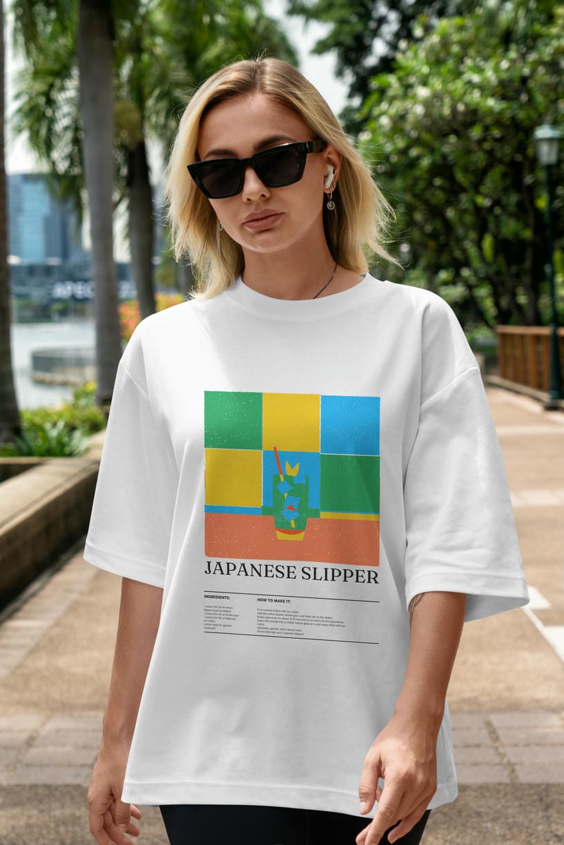 Japanese Slipper Kokteyl Ön Baskılı Oversize t-shirt Erkek Kadın %100 Pamuk Bisiklet Yaka tişort