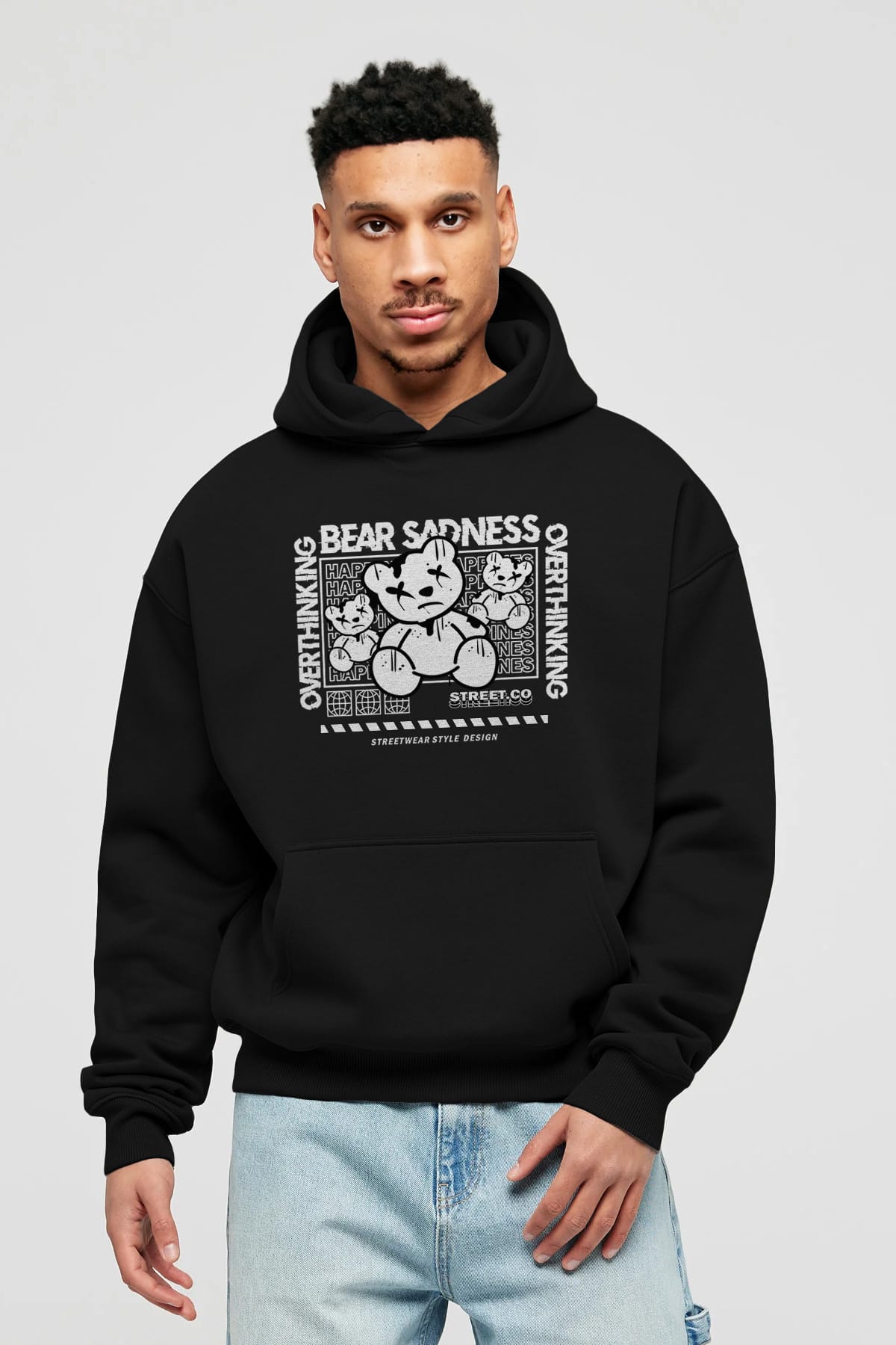 Bear Sadness 2 Ön Baskılı Hoodie Oversize Kapüşonlu Sweatshirt Erkek Kadın Unisex