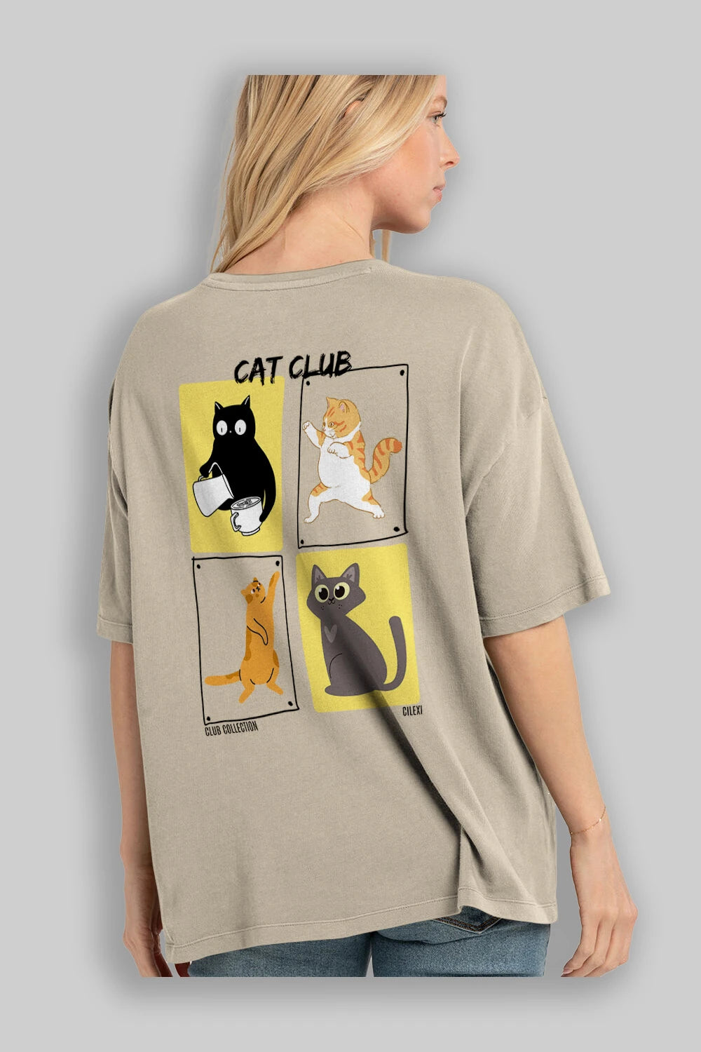 Cat Club Arka Baskılı Oversize t-shirt Erkek Kadın %100 Pamuk Bisiklet Yaka tişort
