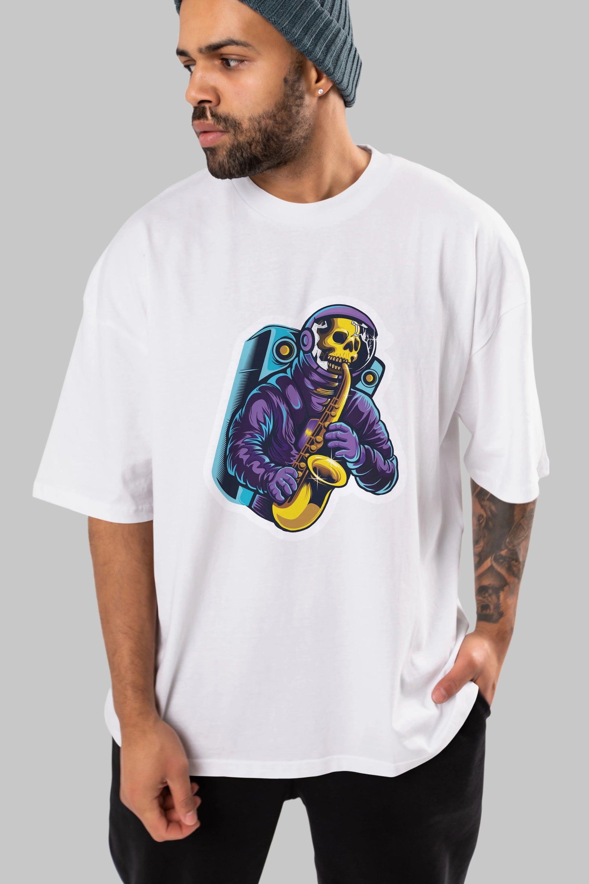 Astroskull Saxophonist Sticker Ön Baskılı Oversize t-shirt Erkek Kadın Unisex