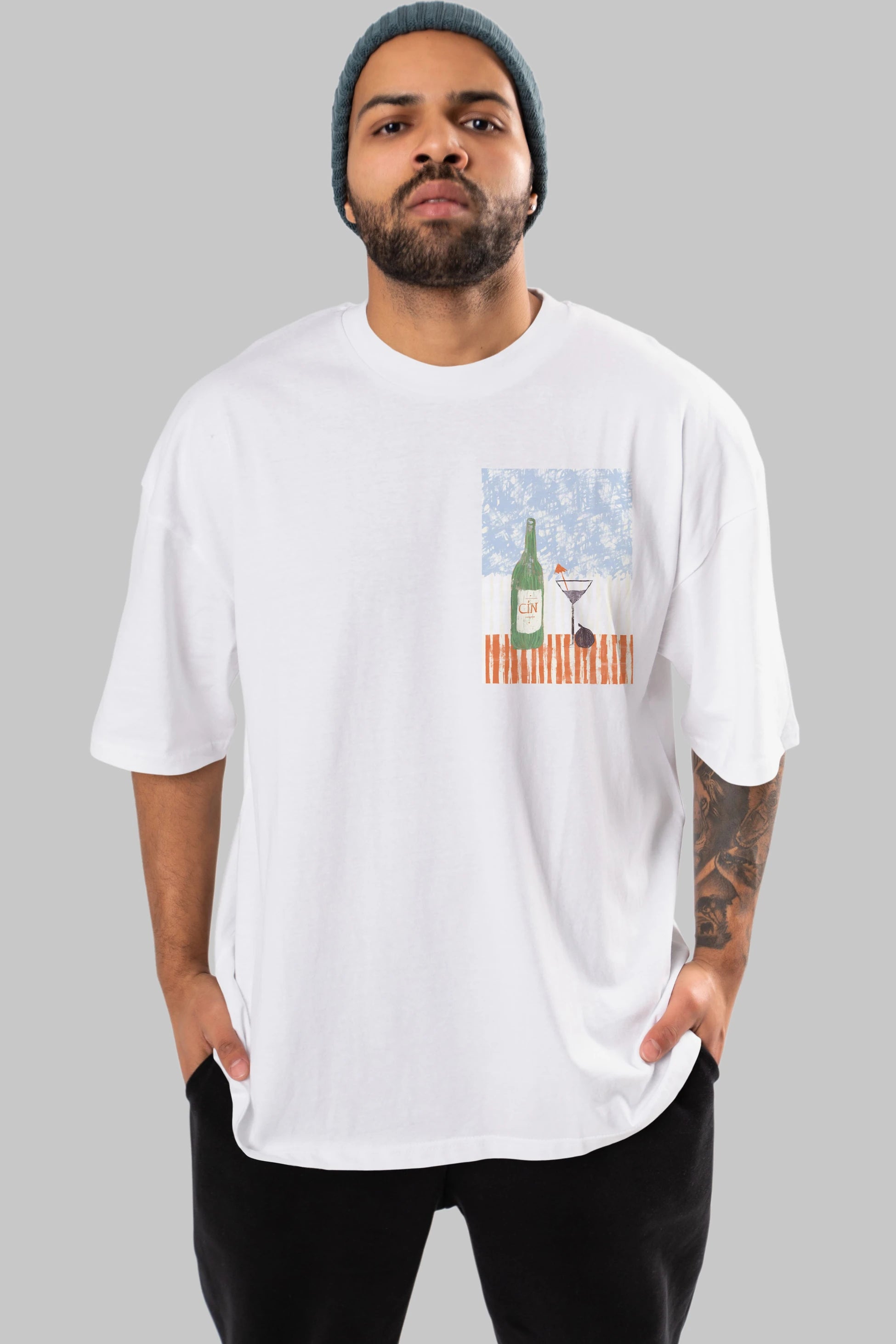 Gin Ön Sol Baskılı Oversize t-shirt Erkek Kadın Unisex %100 Pamuk Bisiklet Yaka tişort