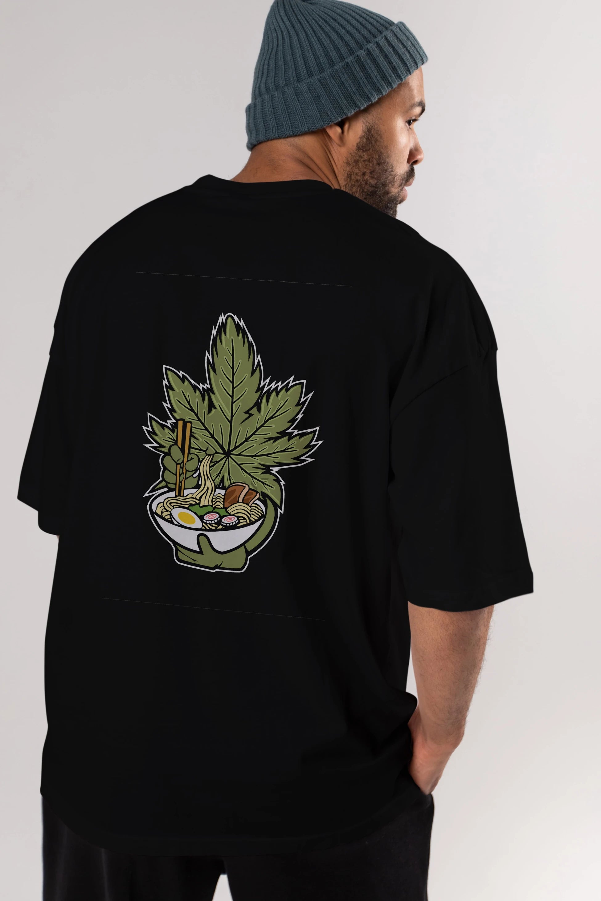 Weed Ramen Arka Baskılı Oversize t-shirt Erkek Kadın Unisex %100 Pamuk tişort