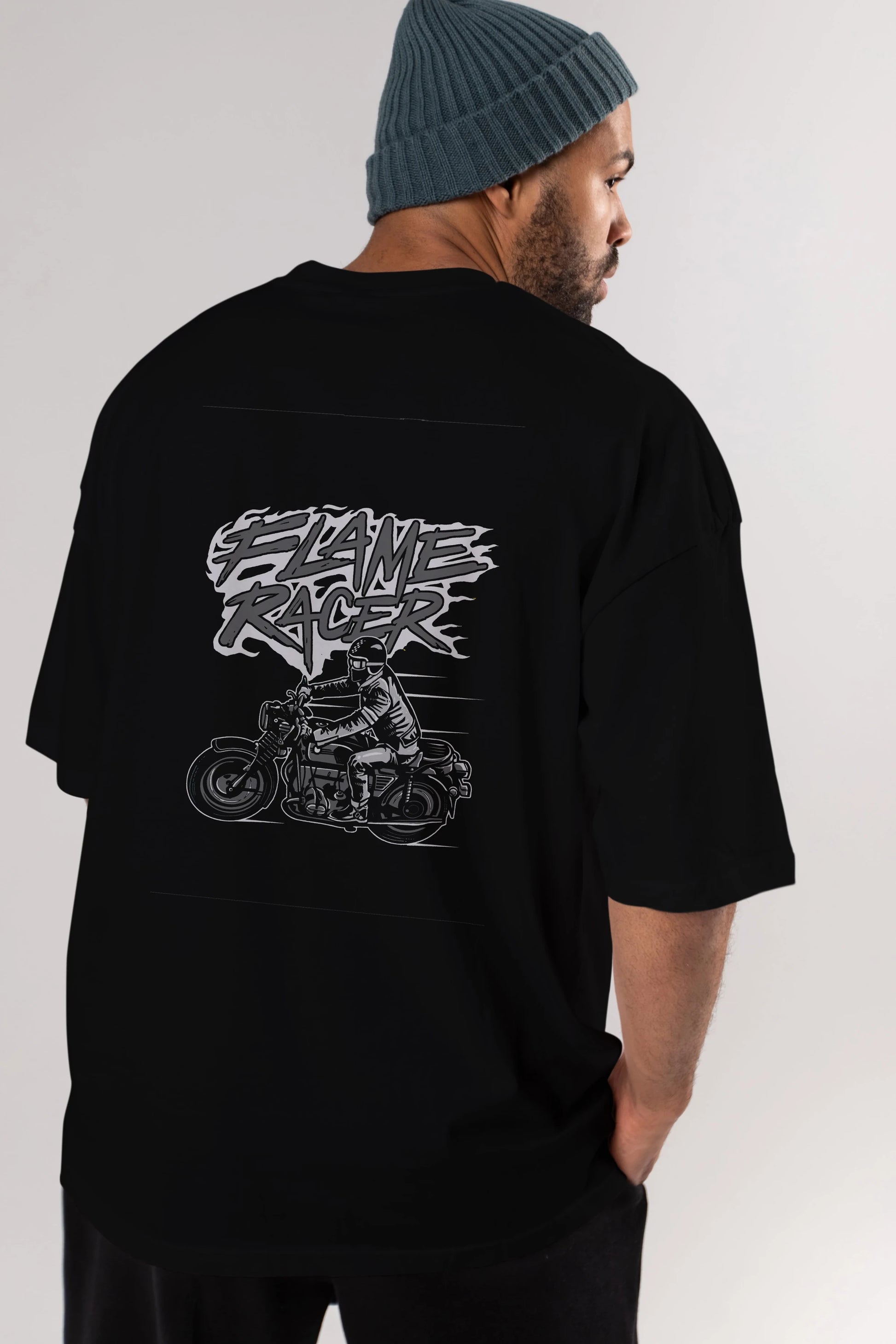 Flame Racer Arka Baskılı Oversize t-shirt Erkek Kadın Unisex %100 Pamuk
