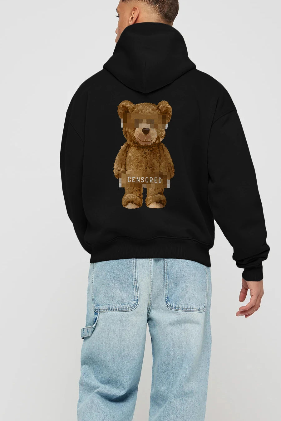 Teddy Bear Censored Arka Baskılı Hoodie Oversize Kapüşonlu Sweatshirt Erkek Kadın Unisex