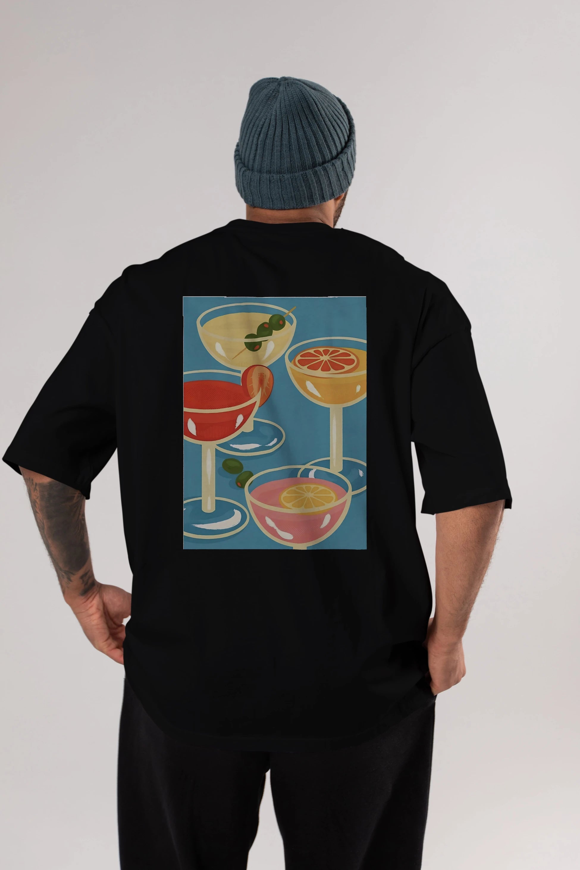 Cocktails Arka Baskılı Oversize t-shirt Erkek Kadın Unisex %100 Pamuk Bisiklet Yaka tişort