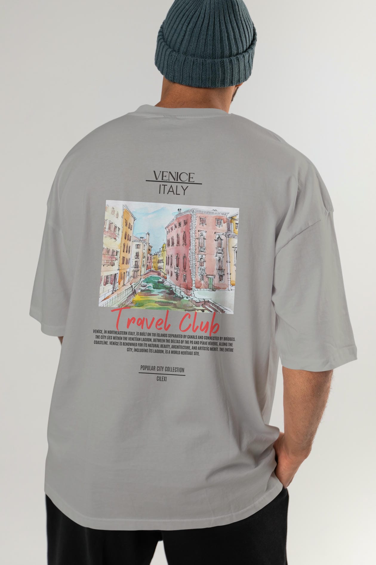 Venice İtaly Arka Baskılı Oversize t-shirt Erkek Kadın Pamuk Bisiklet Yaka tişort
