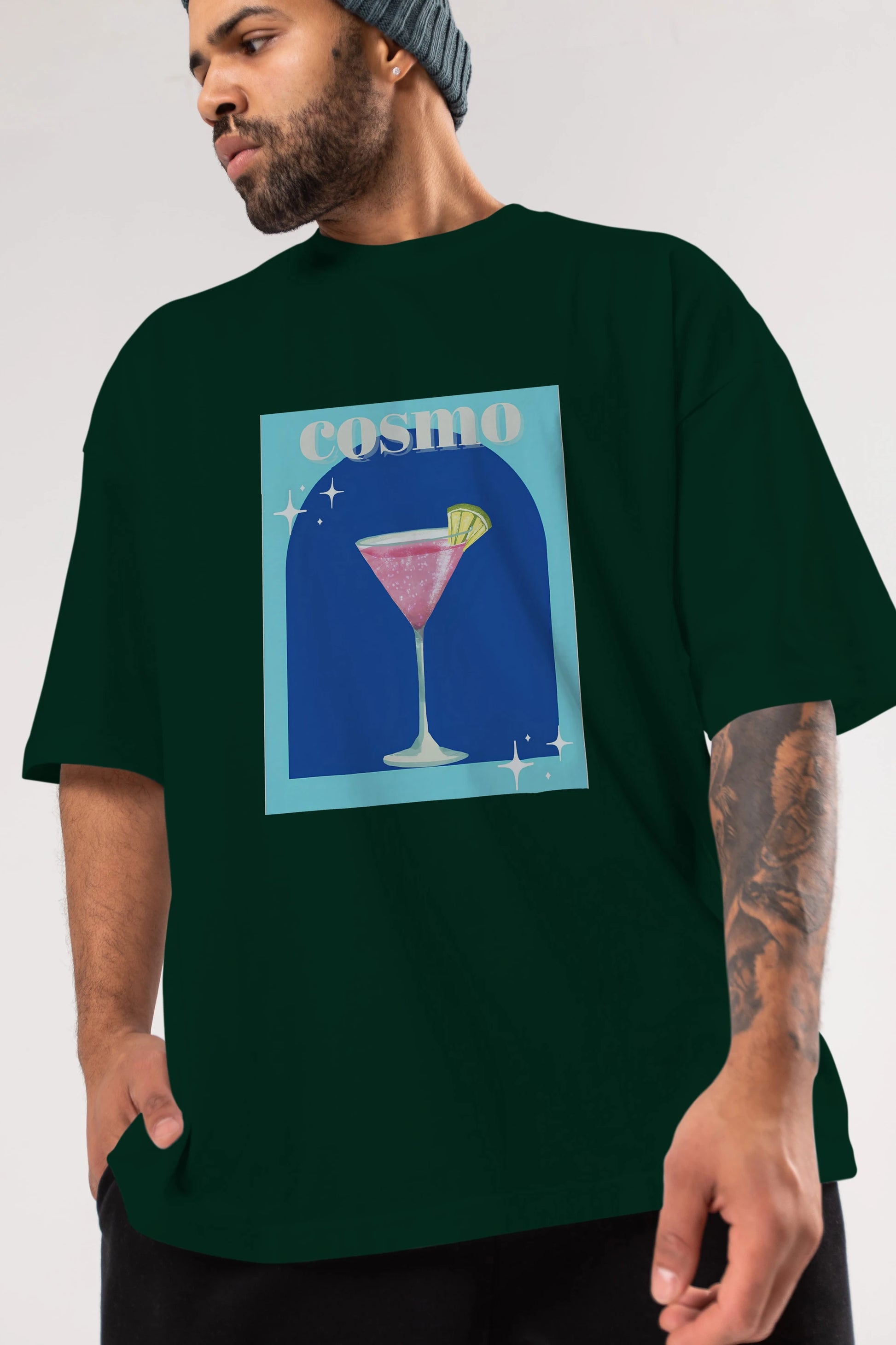 Cosmopolitan 2 Ön Baskılı Oversize t-shirt Erkek Kadın Unisex %100 Pamuk Bisiklet Yaka tişort
