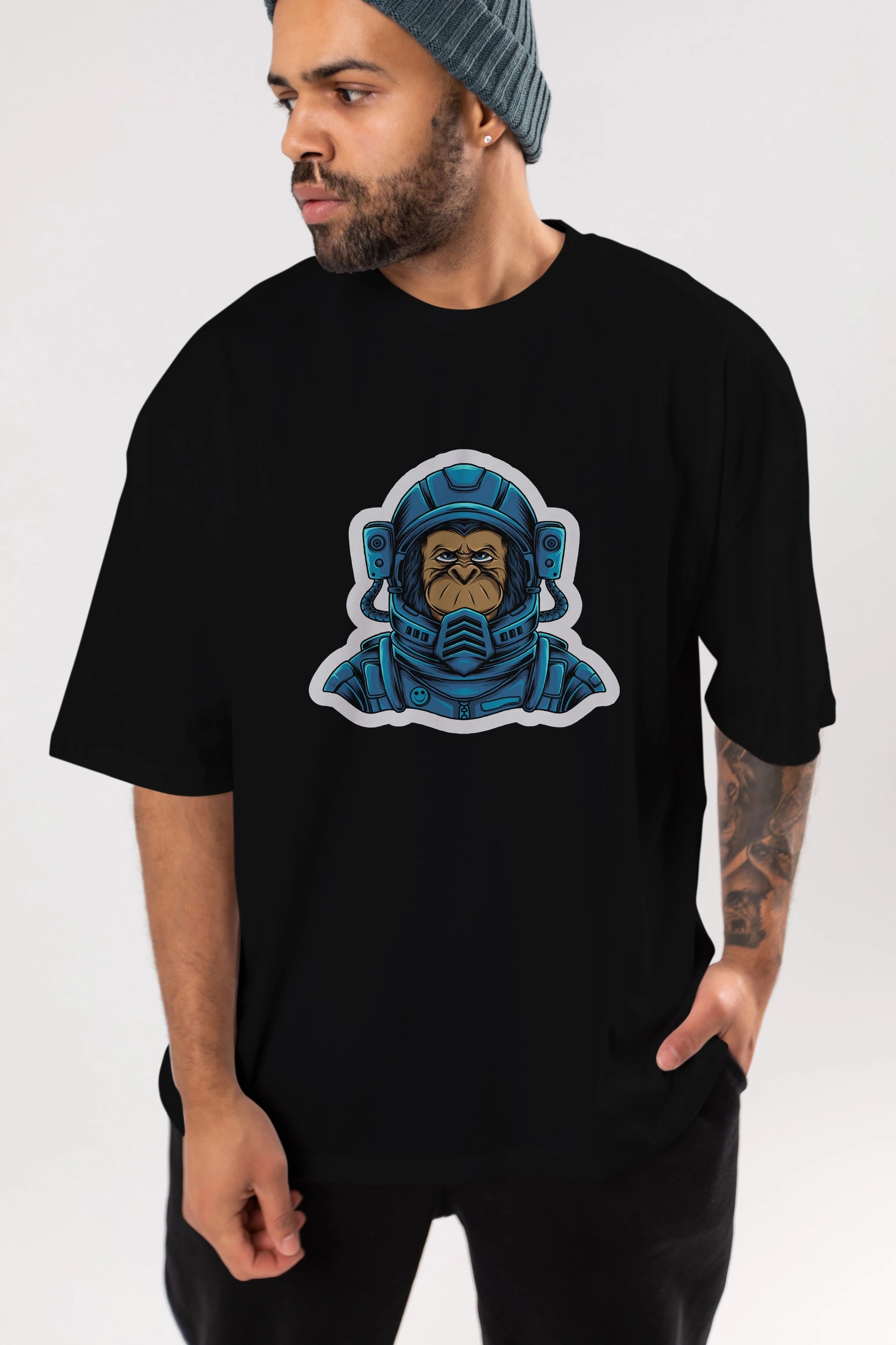 Astromonkey Sticker Ön Baskılı Oversize t-shirt Erkek Kadın Unisex