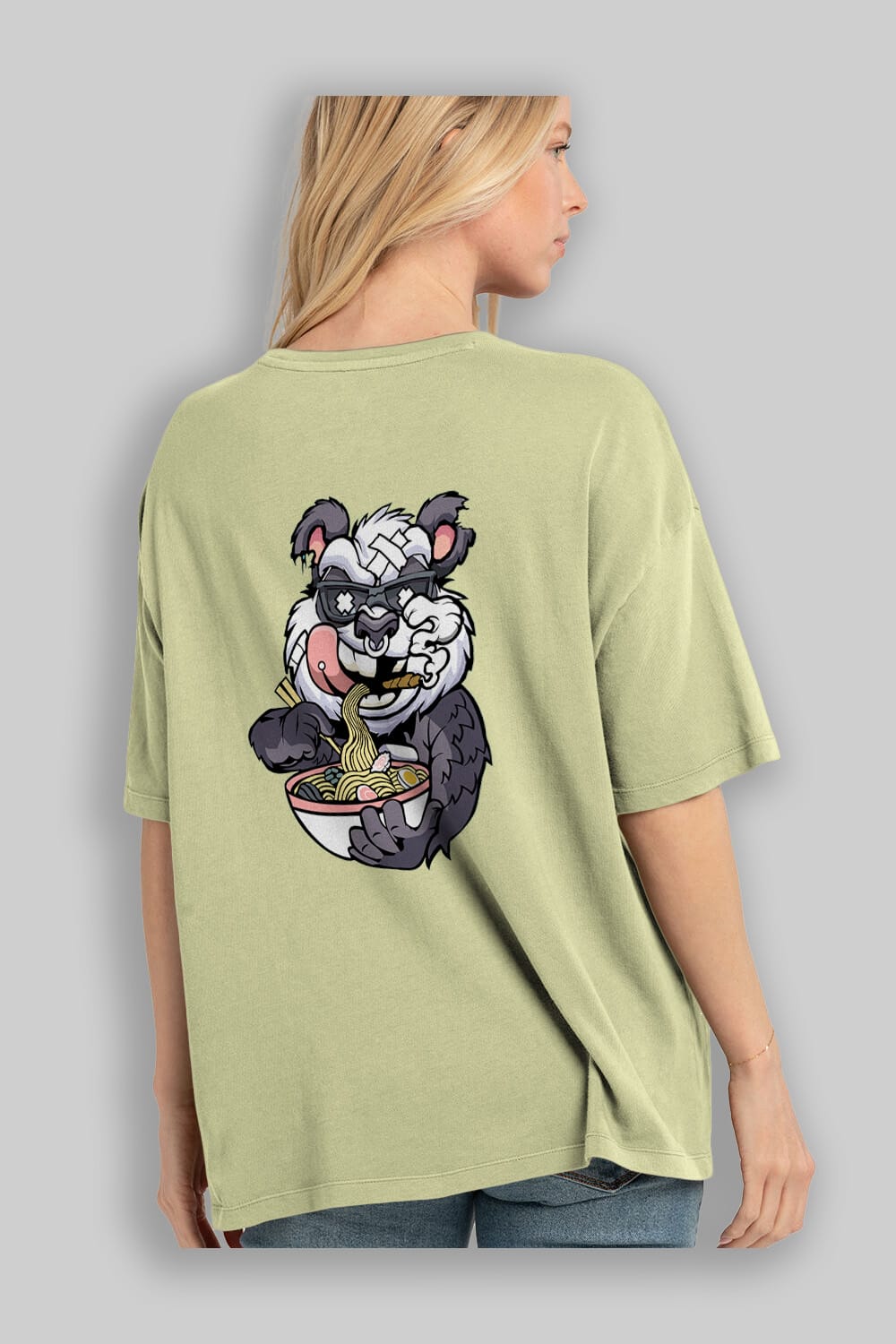 Panda Ramen Arka Baskılı Oversize t-shirt Erkek Kadın Unisex %100 Pamuk tişort