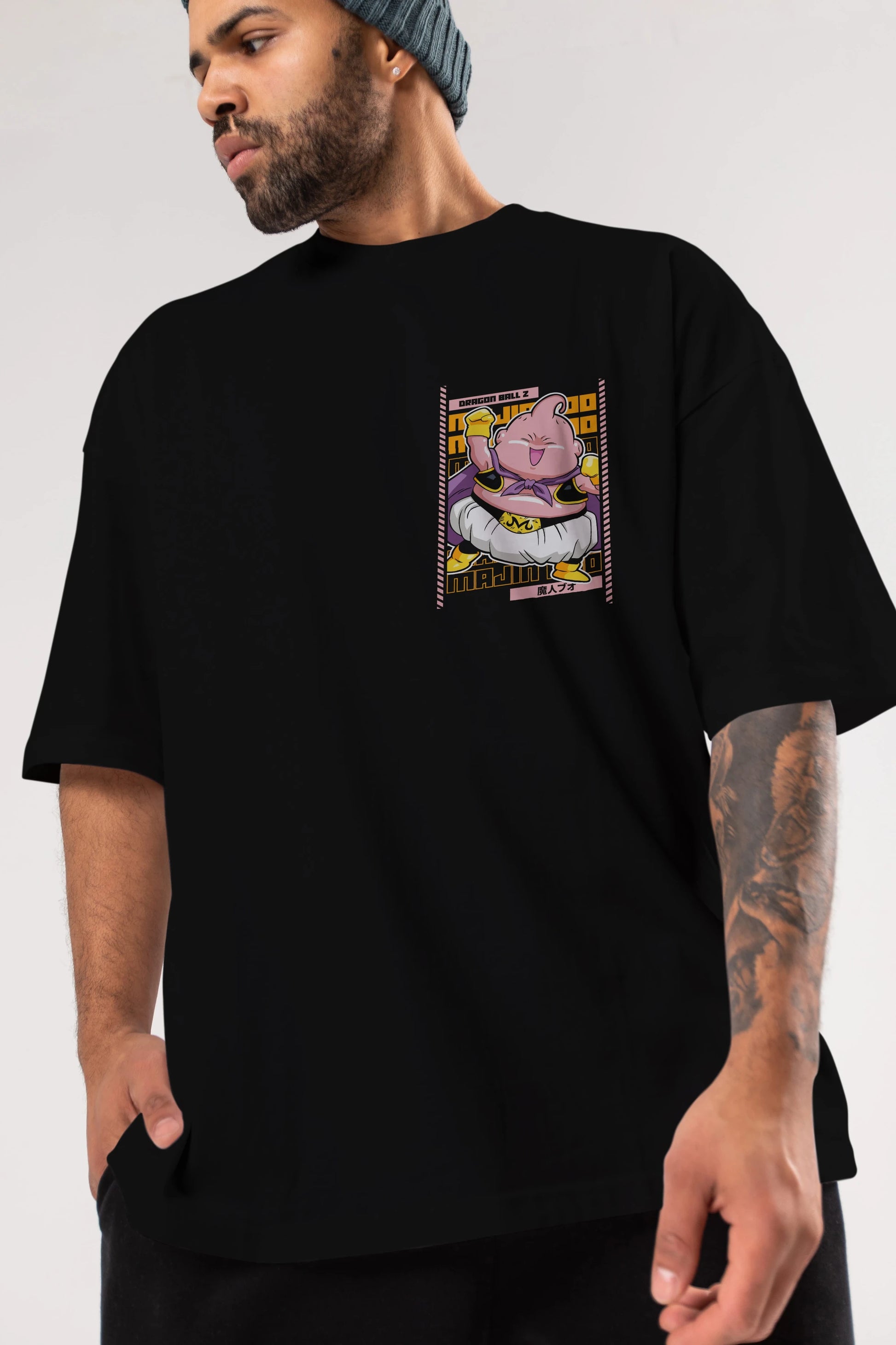 MAJIN BOO1 Ön Sol Baskılı Oversize t-shirt Erkek Kadın Unisex %100 Pamuk Bisiklet Yaka tişort