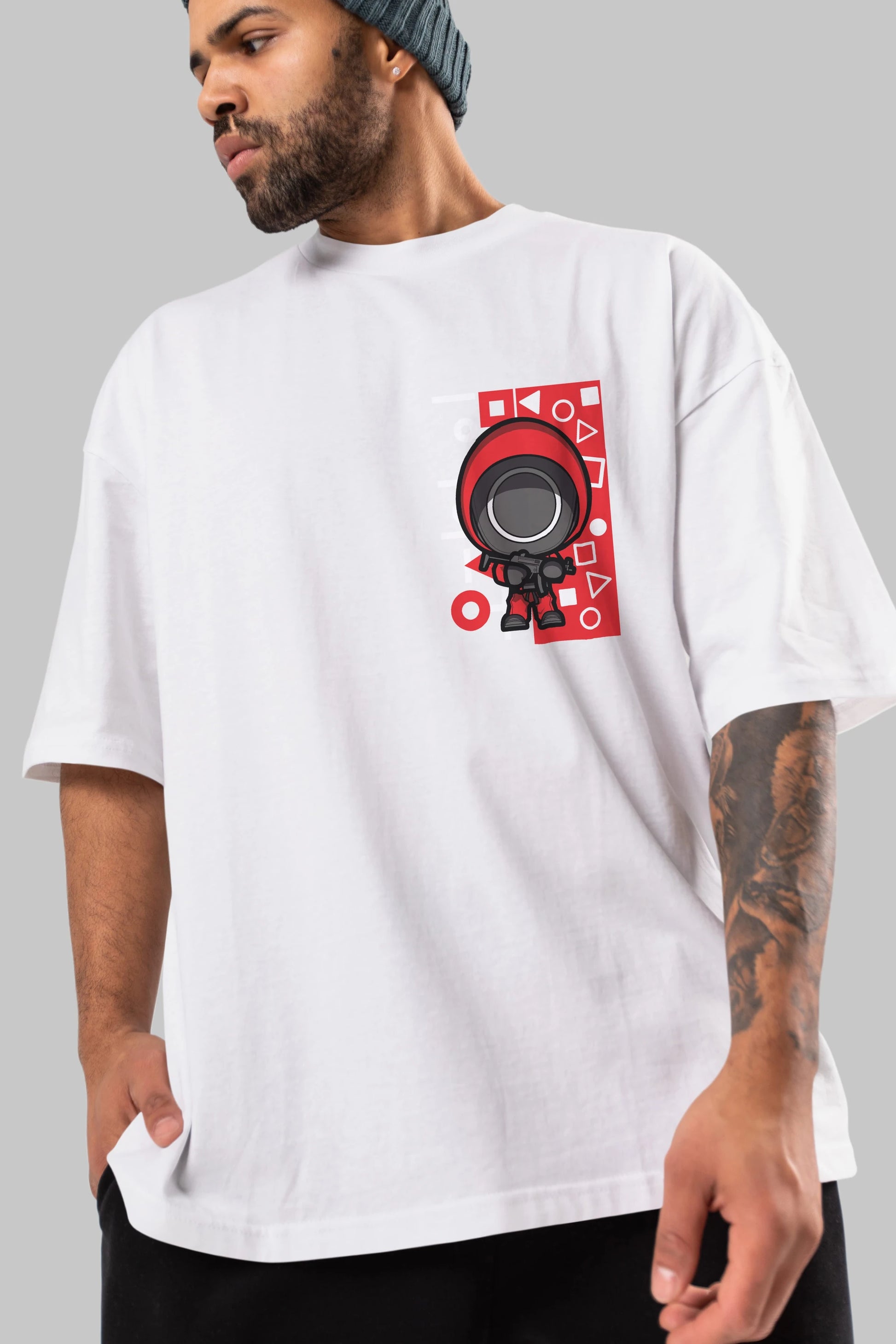 Squid Game (4) Ön Sol Baskılı Oversize t-shirt Erkek Kadın Unisex %100 Pamuk Bisiklet Yaka tişort