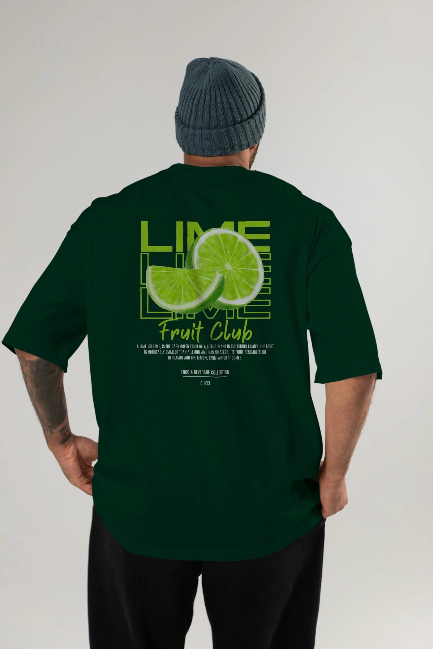 Lime Arka Baskılı Oversize t-shirt Erkek Kadın Pamuk Bisiklet Yaka tişort