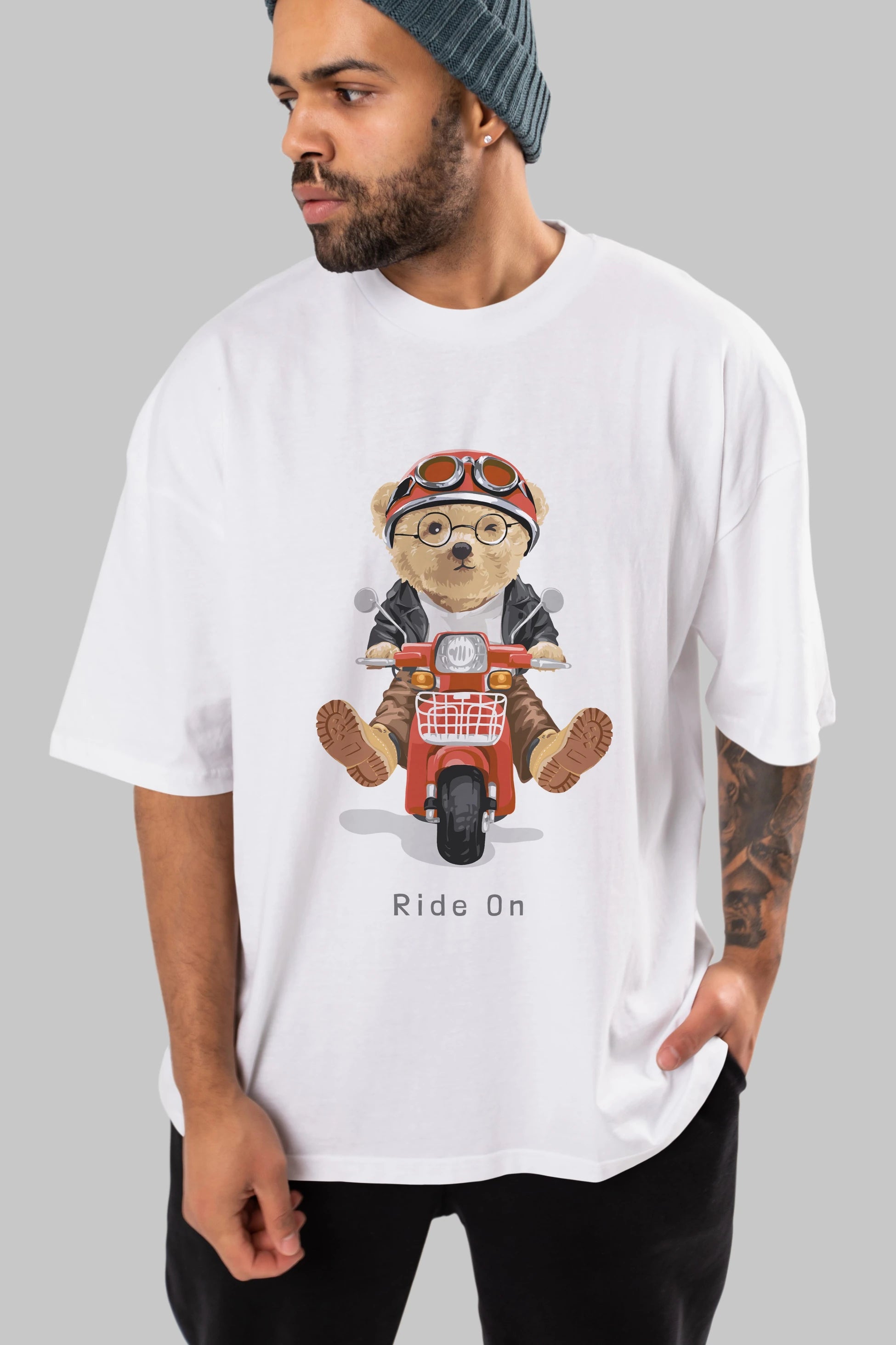 Teddy Bear Ride On Ön Baskılı Oversize t-shirt Erkek Kadın Unisex %100 Pamuk
