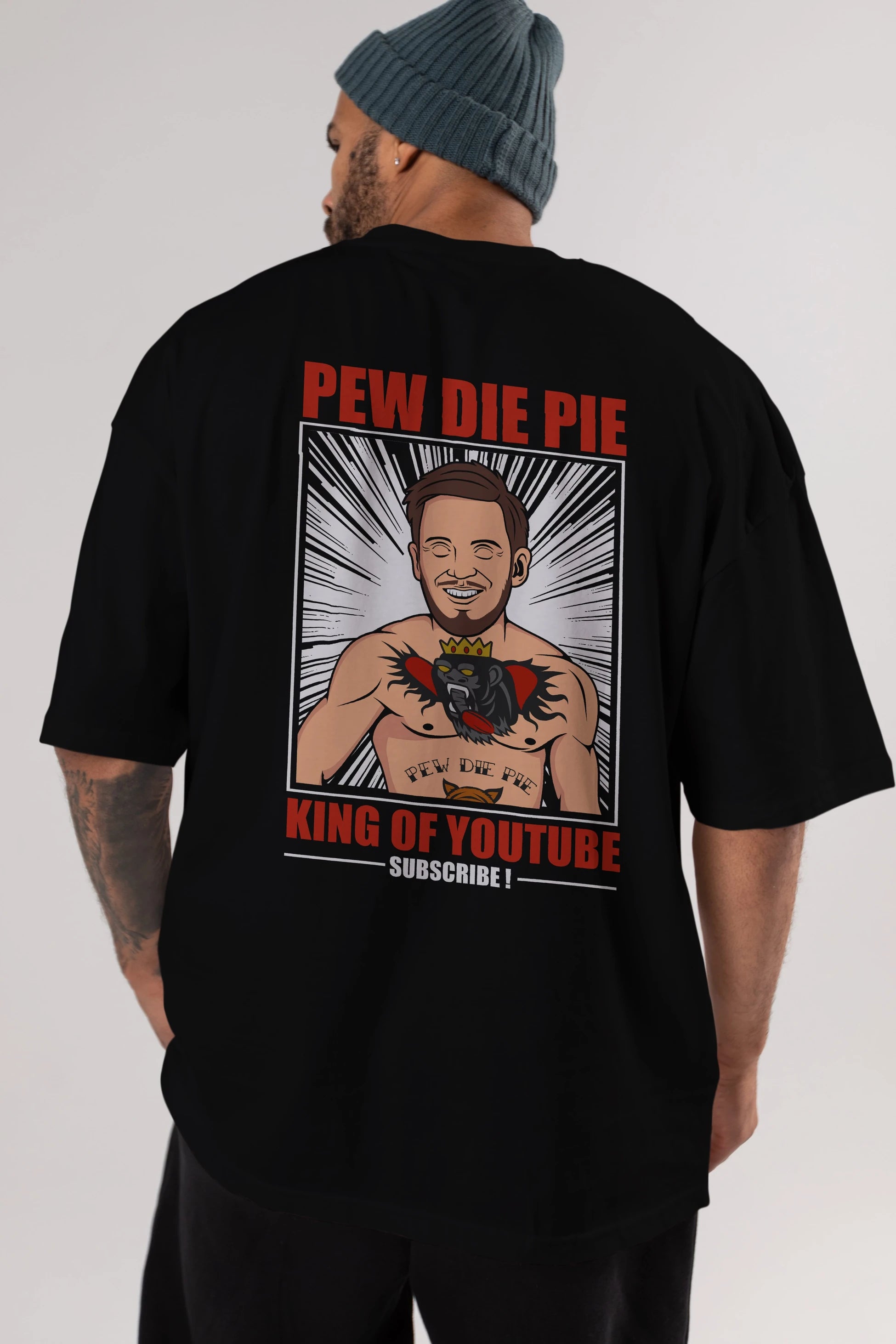 Pew Die Pie Fighter Arka Baskılı Oversize t-shirt Erkek Kadın Unisex %100 Pamuk tişort