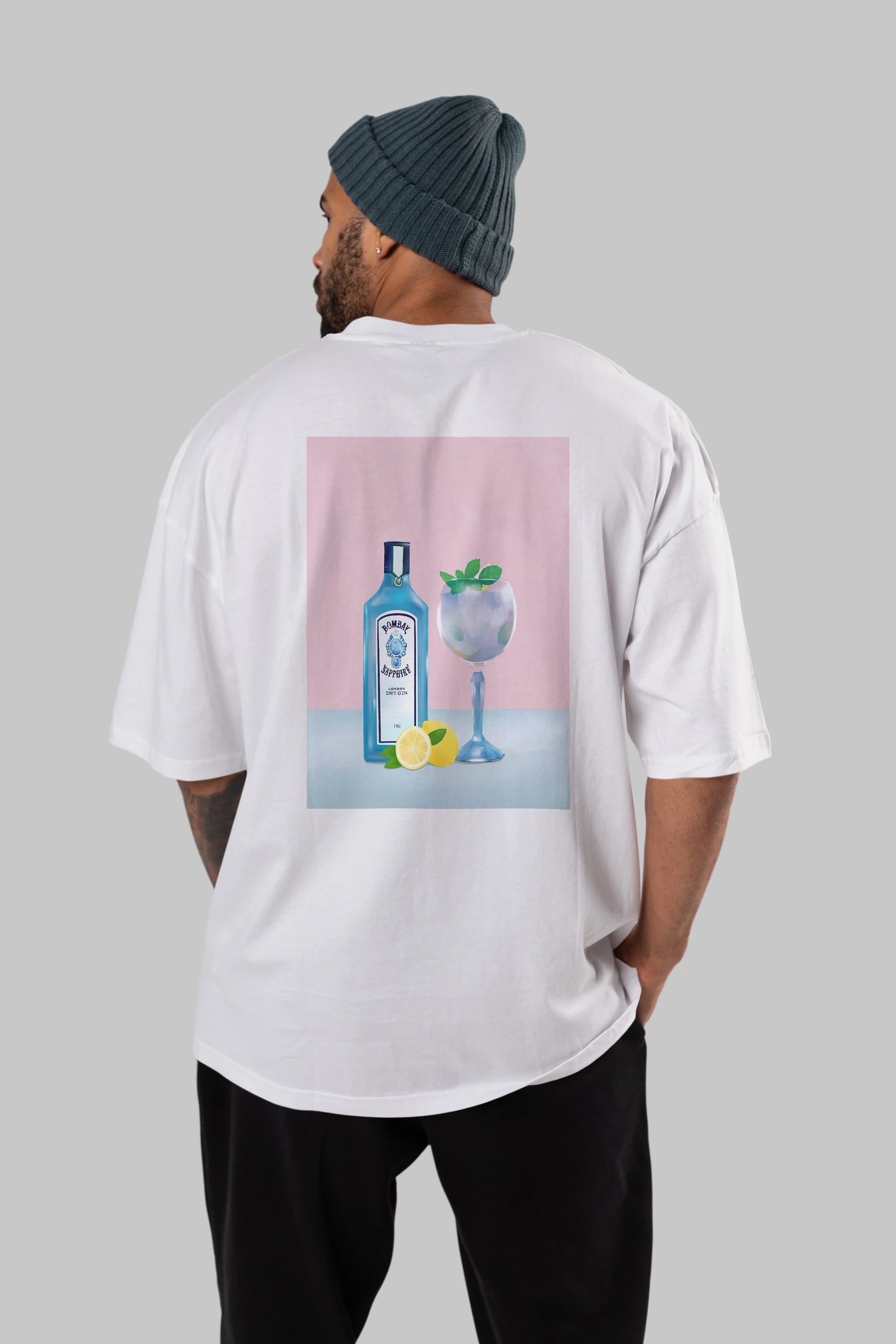 Bombay Sapphire Dry Gin Arka Baskılı Oversize t-shirt Erkek Kadın Unisex %100 Pamuk Bisiklet Yaka tişort