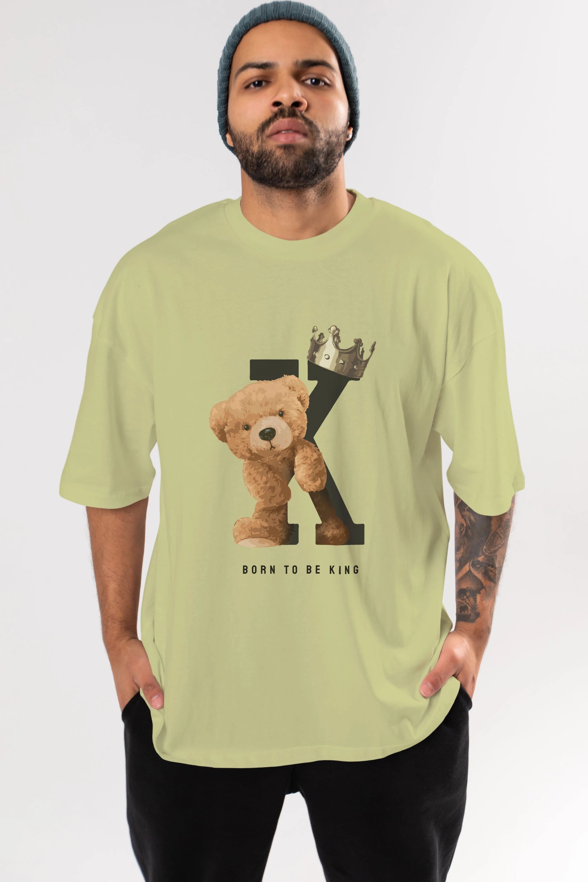 Teddy Bear Born To Be King Ön Baskılı Oversize t-shirt Erkek Kadın Unisex %100 Pamuk