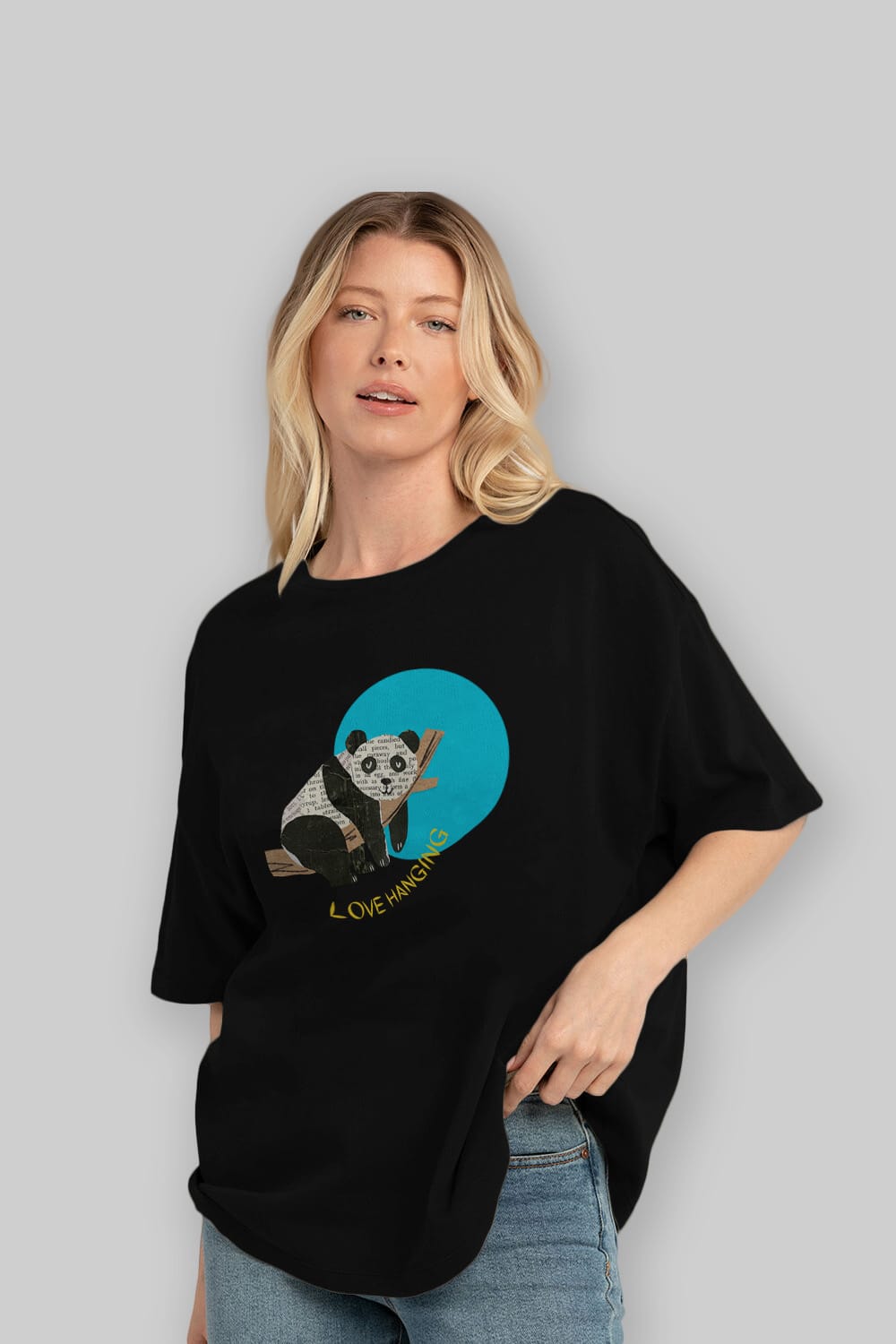 Panda Love Hanging Ön Baskılı Oversize t-shirt Erkek Kadın Unisex