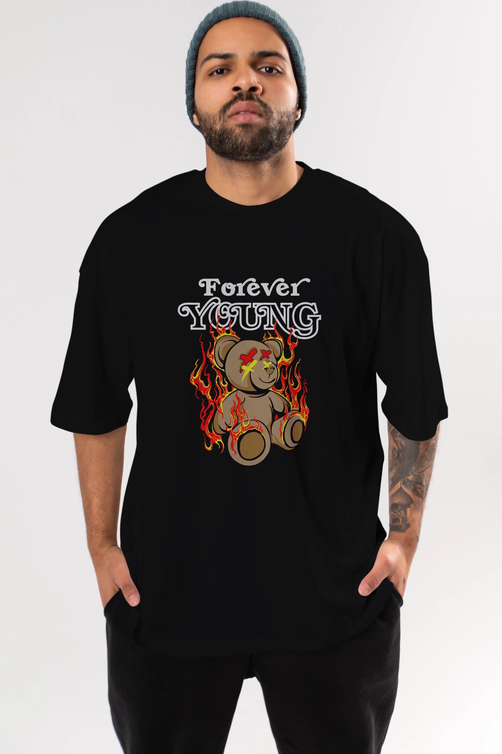 Forever Young Bear Ön Baskılı Oversize t-shirt Erkek Kadın Unisex