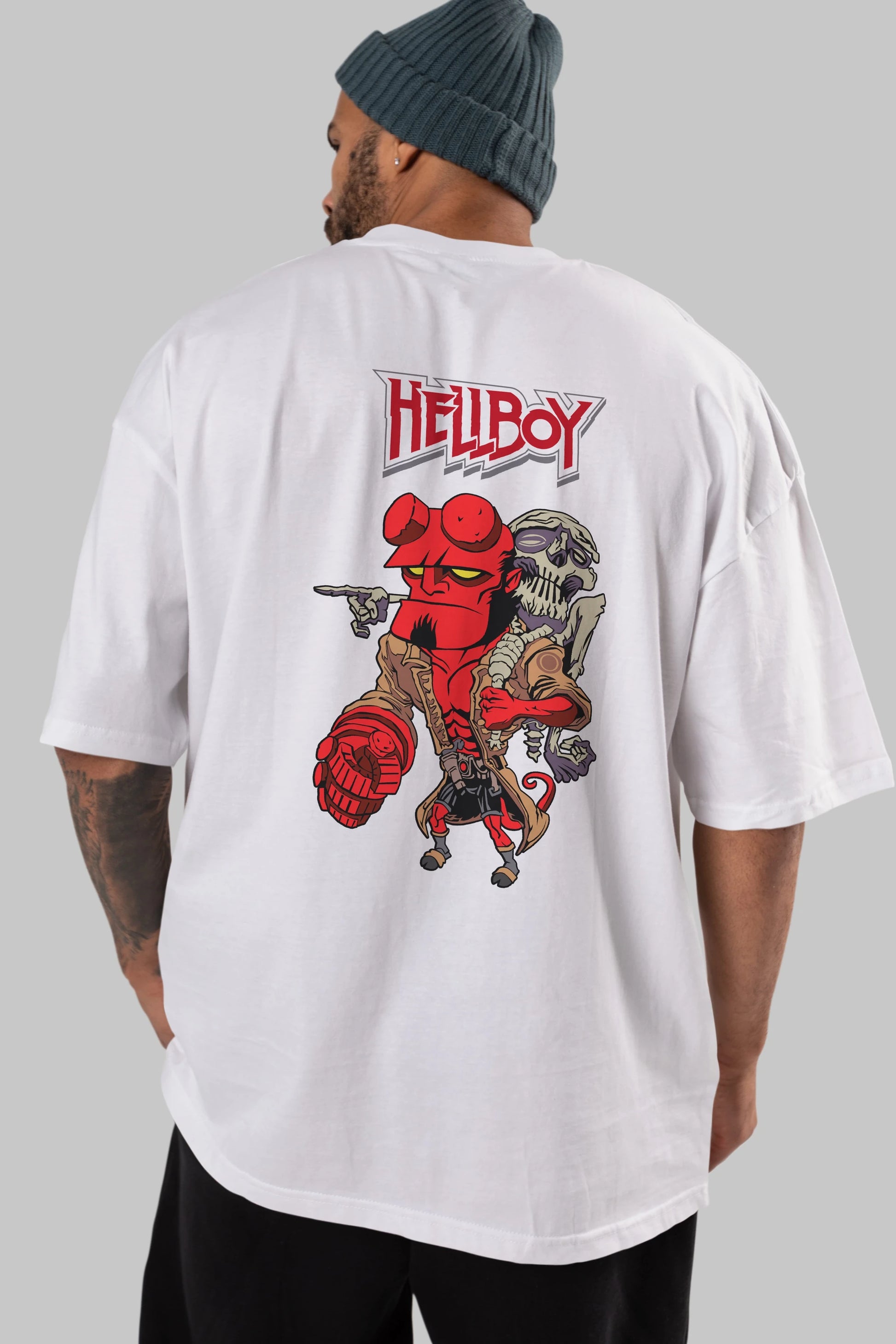 Hellboy (2) Arka Baskılı Oversize t-shirt Erkek Kadın Unisex %100 Pamuk Bisiklet Yaka tişort