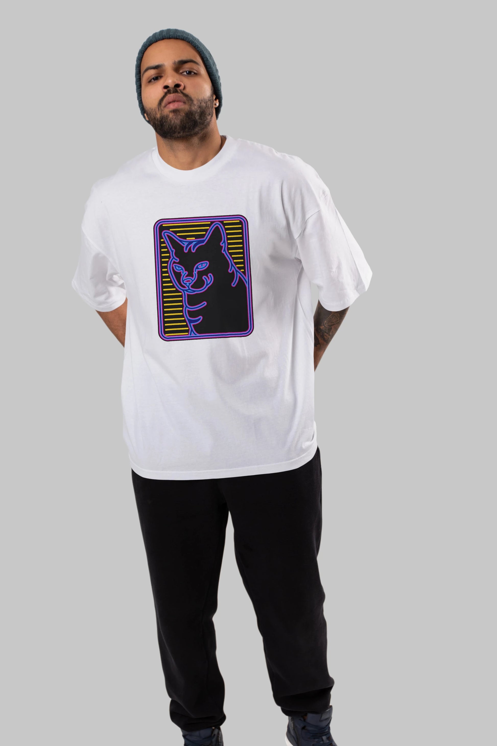 Neon Cat Ön Baskılı Oversize t-shirt Erkek Kadın Unisex