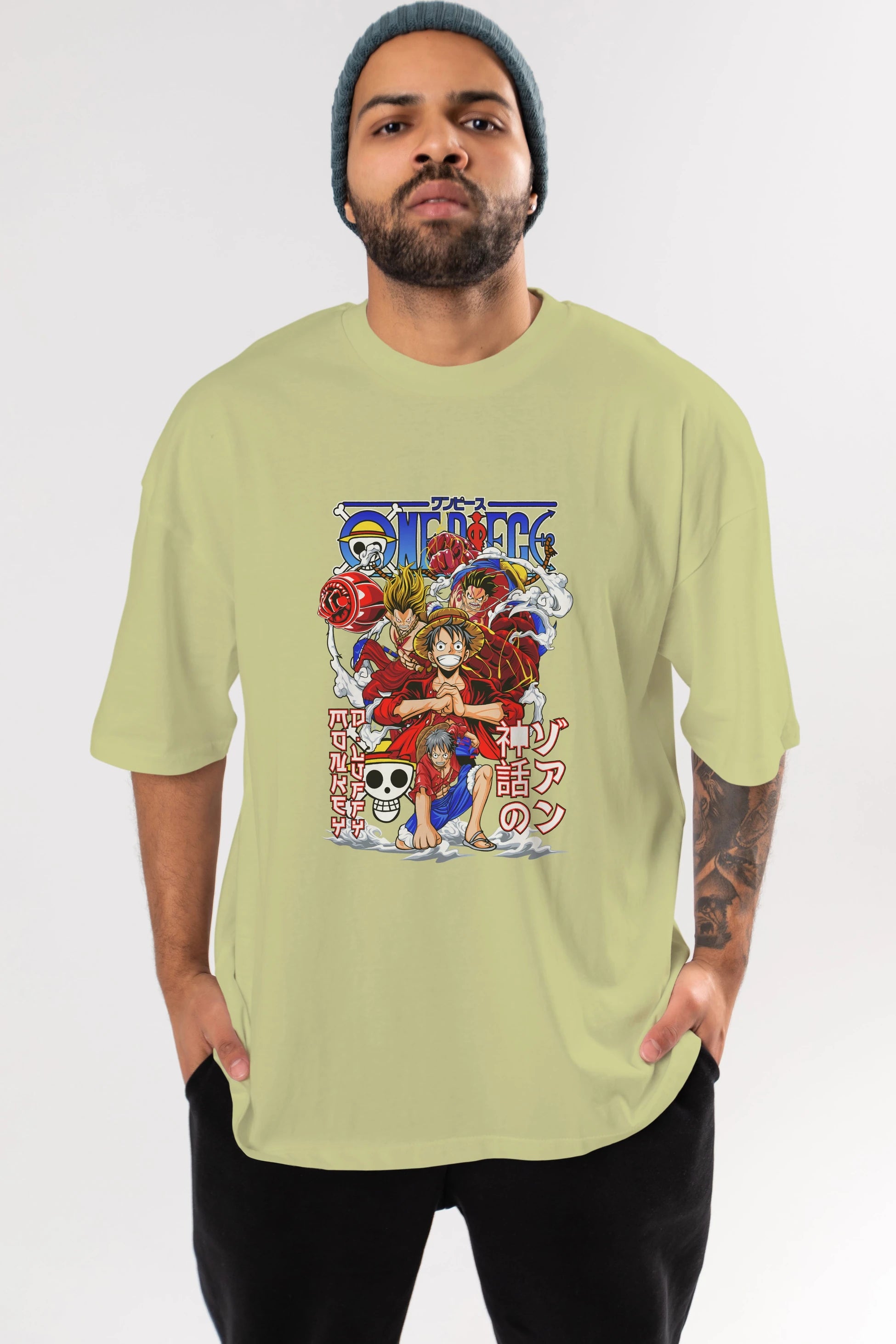MONKEY D. LUFF-ONE PIECE 2 Anime Ön Baskılı Oversize t-shirt %100 pamuk Erkek Kadın Unisex