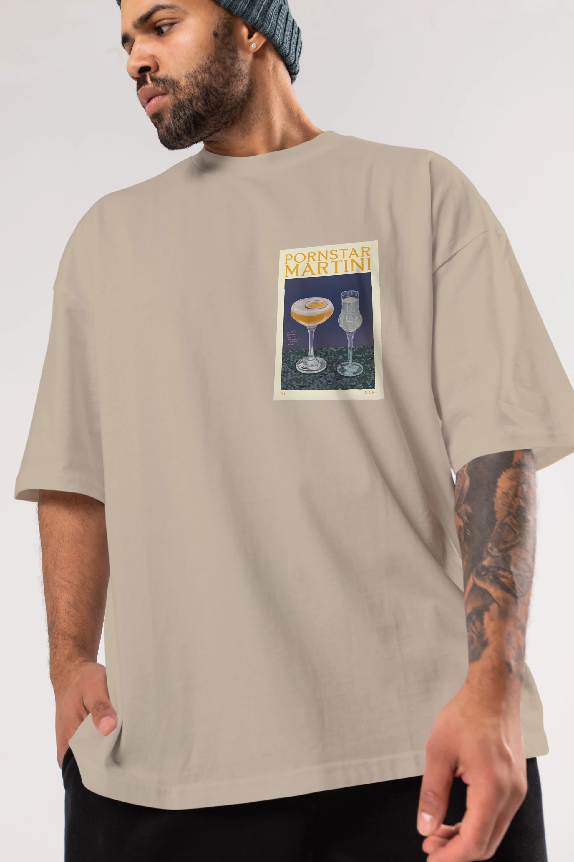 P.rnstar Martini Ön Sol Baskılı Oversize t-shirt Erkek Kadın Unisex %100 Pamuk Bisiklet Yaka tişort