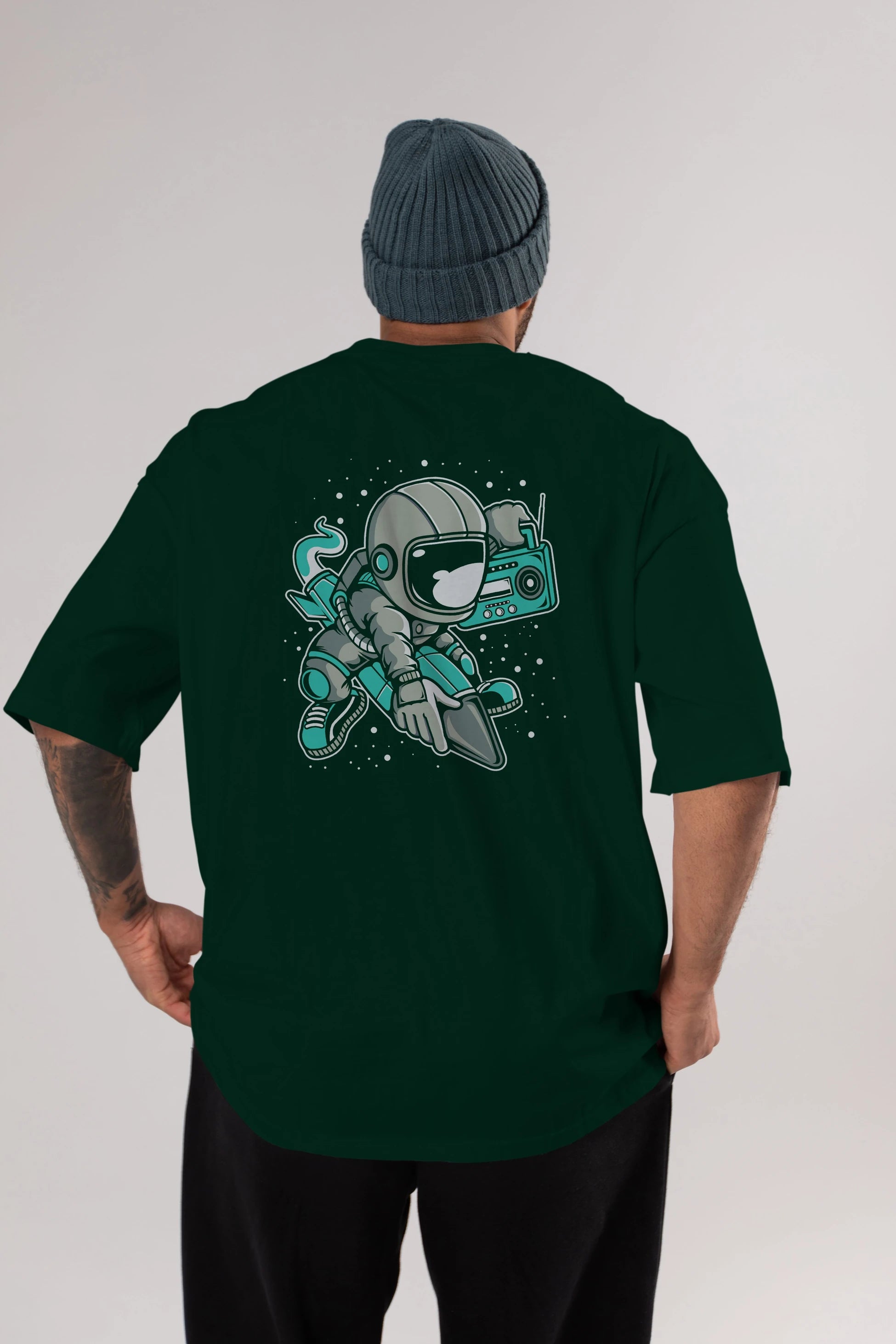 Astronaut Rocket (2) Arka Baskılı Oversize t-shirt Erkek Kadın Unisex