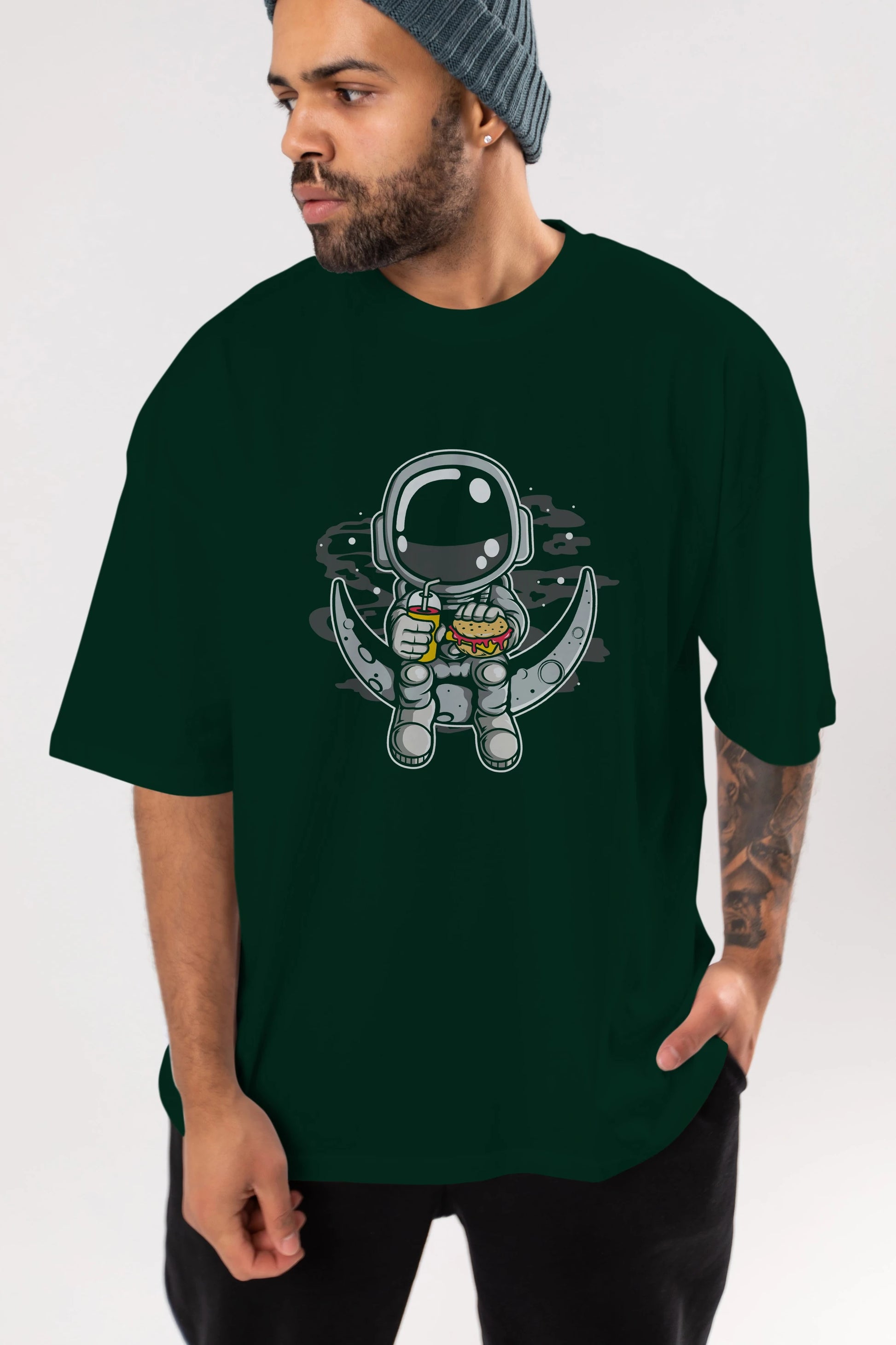Astronaut Crescent Ön Baskılı Oversize t-shirt Erkek Kadın Unisex