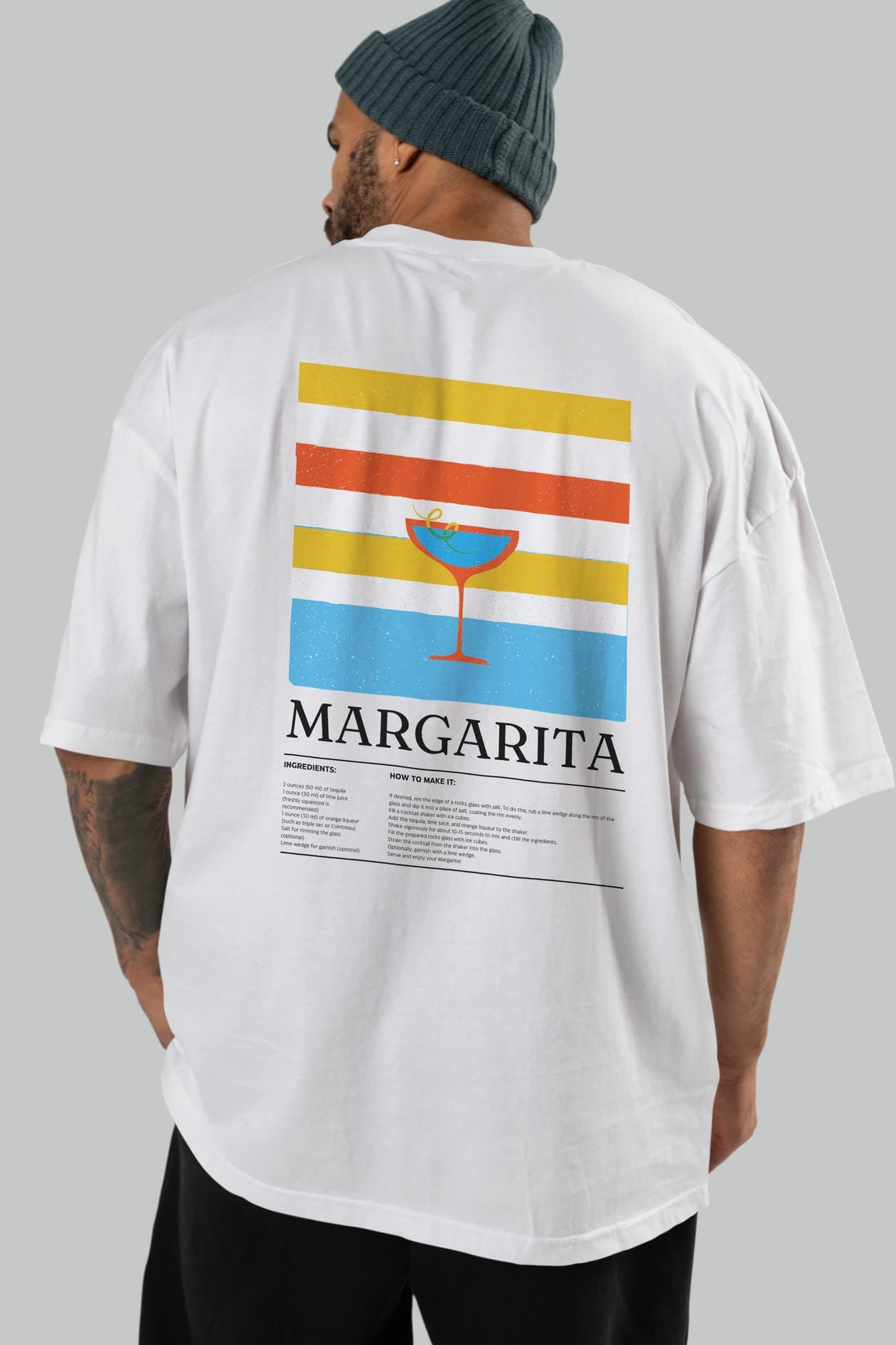 Margarita Kokteyl Serisi Arka Baskılı Oversize t-shirt Erkek Kadın %100 Pamuk Bisiklet Yaka tişort