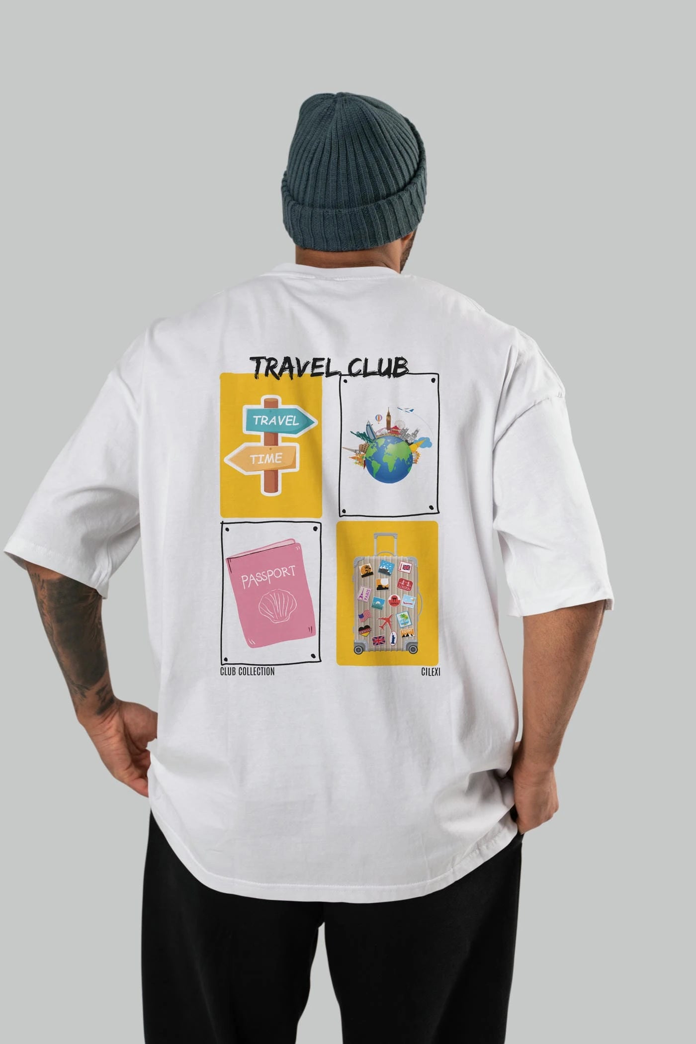 Travel Club Arka Baskılı Oversize t-shirt Erkek Kadın %100 Pamuk Bisiklet Yaka tişort